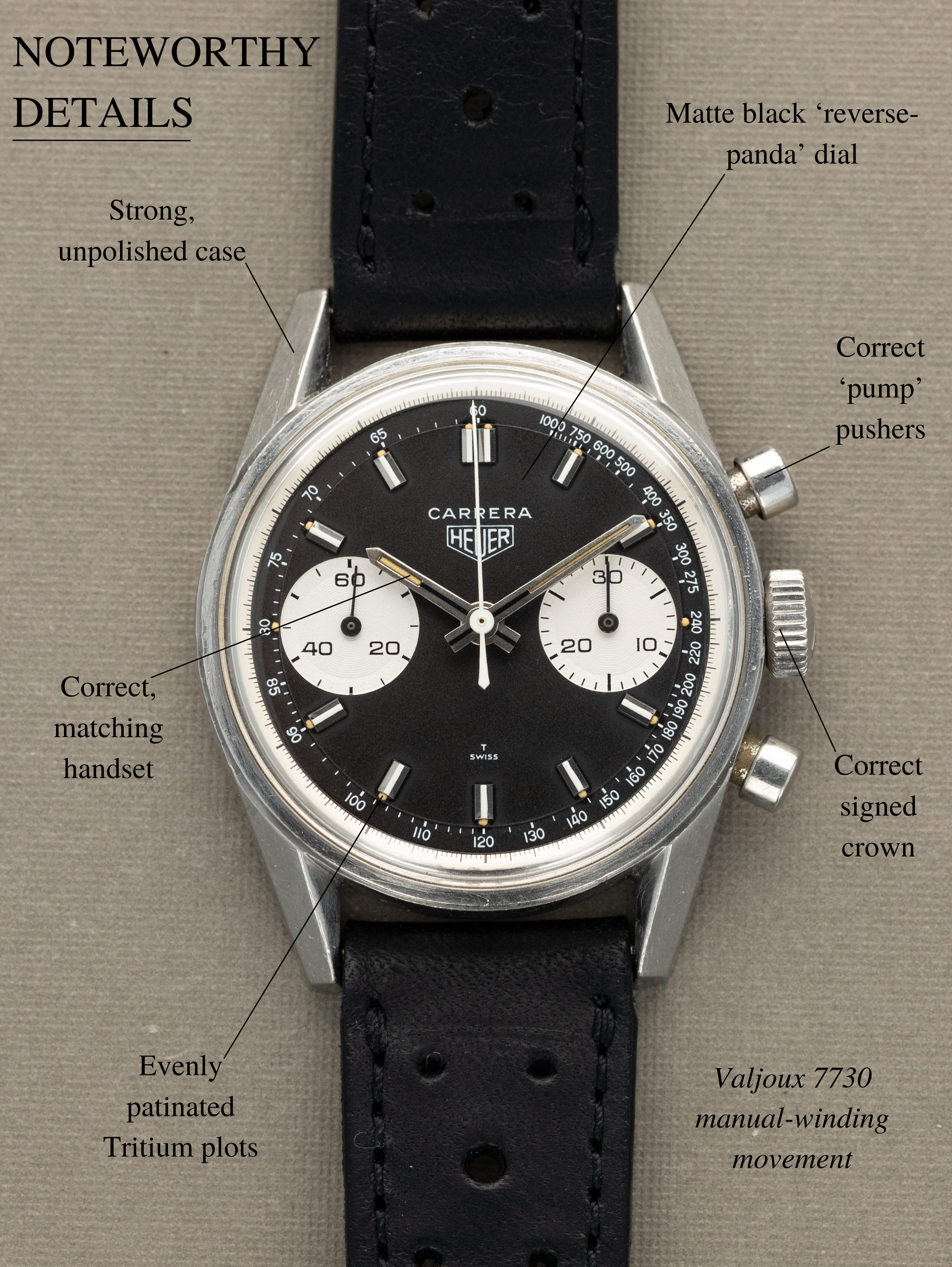 Heuer Carrera Ref. 7753NT - Matte Black 'Reverse-Panda' Dial Unpolished