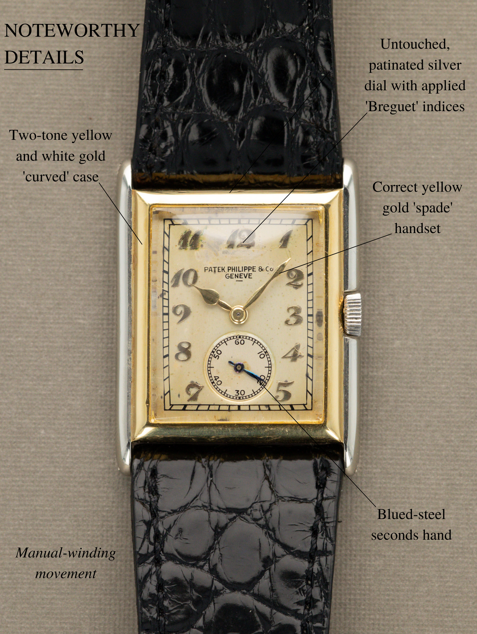 Patek Philippe Two-Tone Yellow & White Gold Rectangular Dress Watch - 'Breguet' Dial w/ Box & Extract