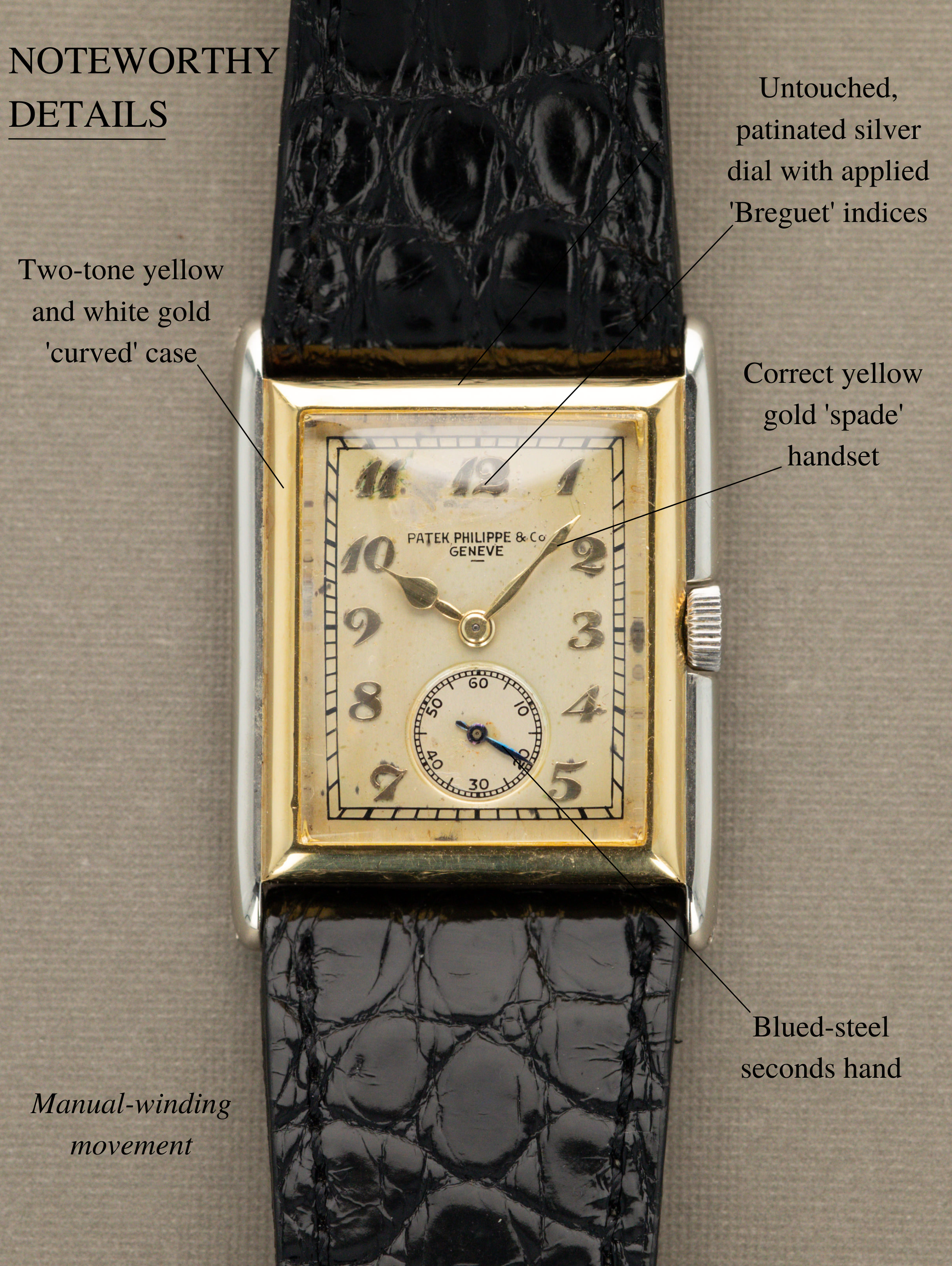Patek Philippe Two-Tone Yellow & White Gold Rectangular Dress Watch - 'Breguet' Dial w/ Box & Extract
