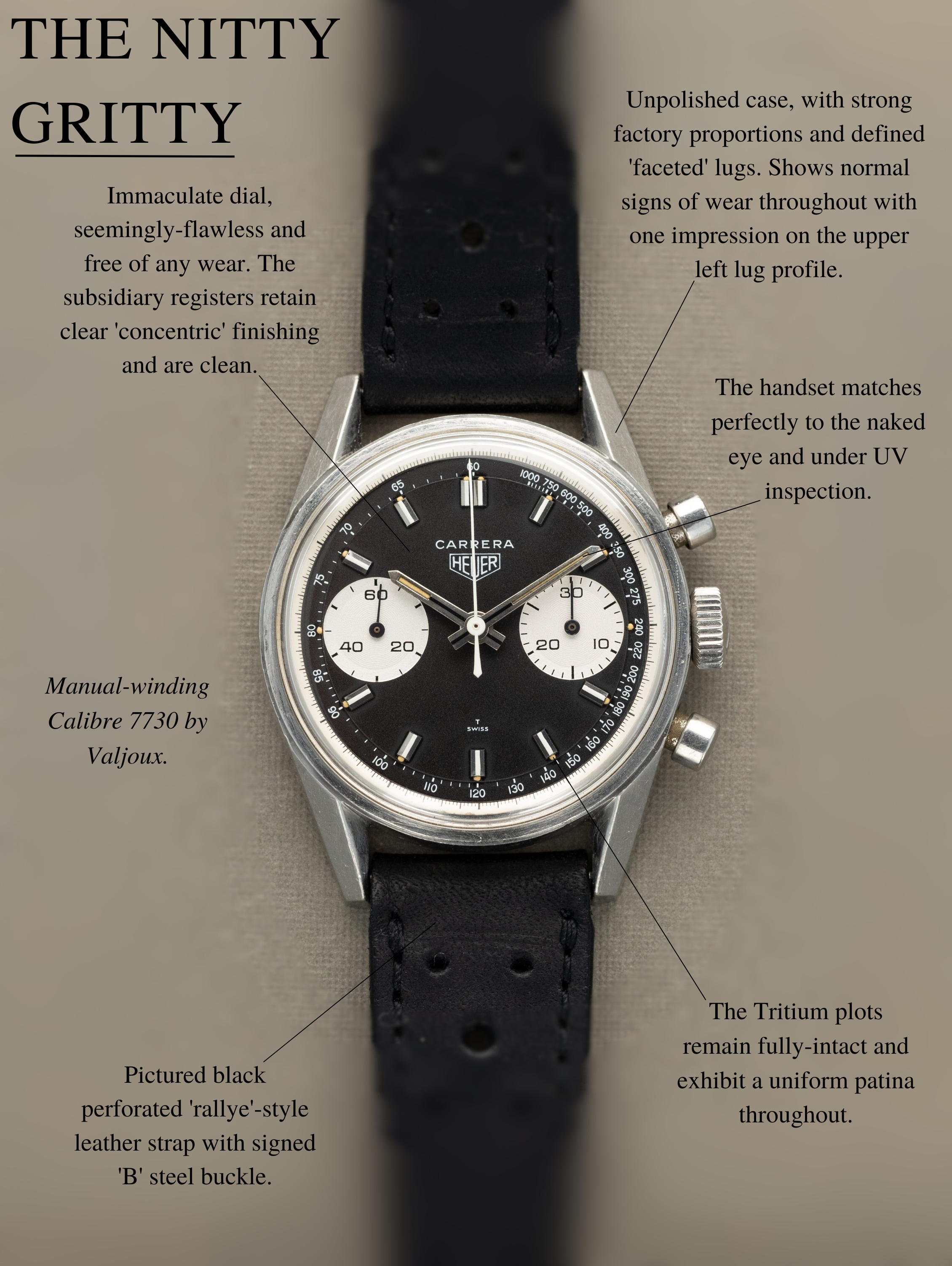 Heuer Carrera Ref. 7753NT - Matte Black 'Reverse-Panda' Dial Unpolished
