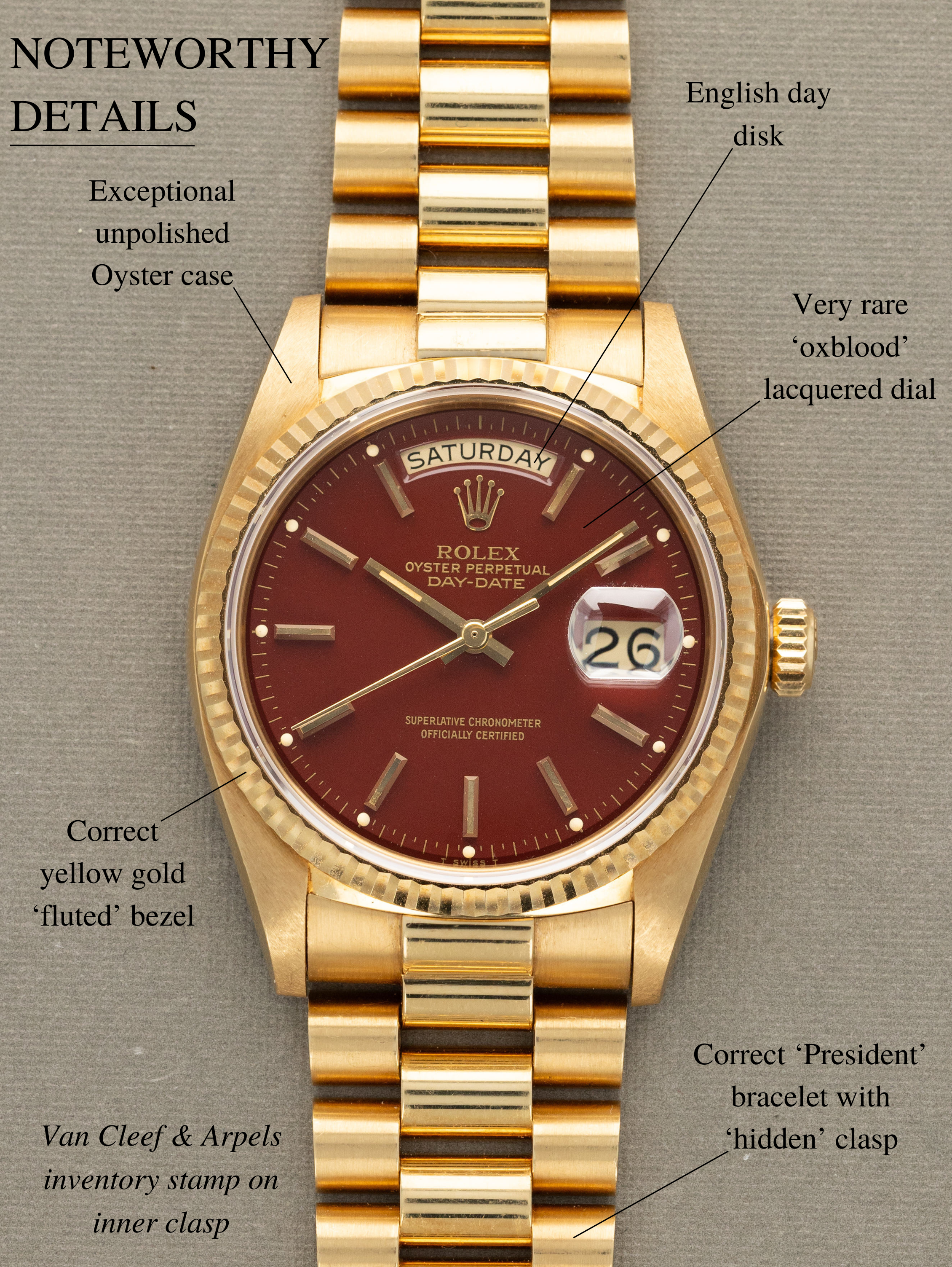 Rolex Day-Date Ref. 18038 - Oxblood 'Stella' Dial Retailed by Van Cleef & Arpels Unpolished