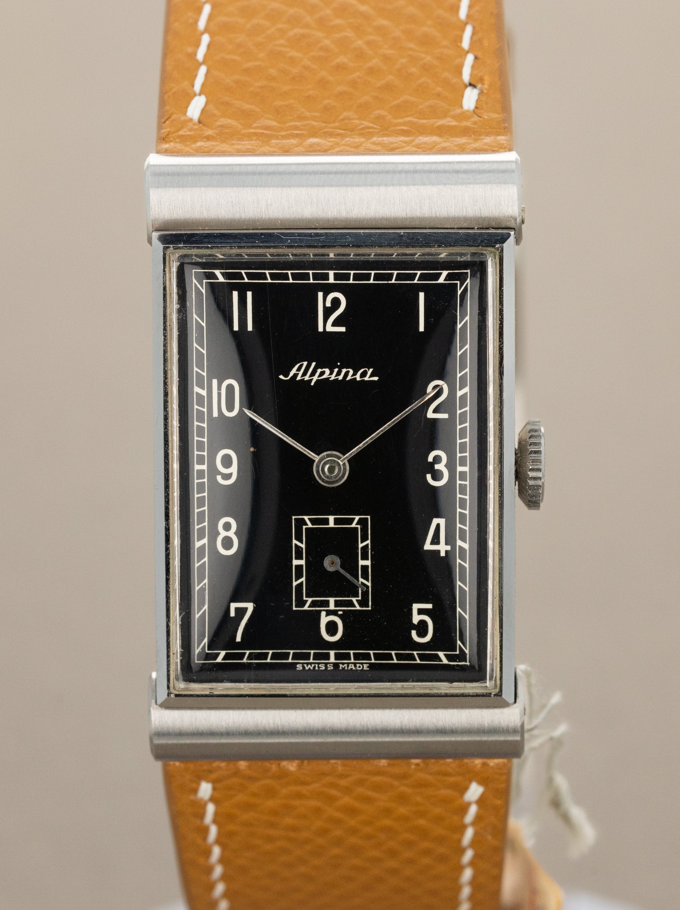 Alpina 'Hooded' Lug Rectangular Dress Watch - Gloss Black Dial LNOS W/ Tag