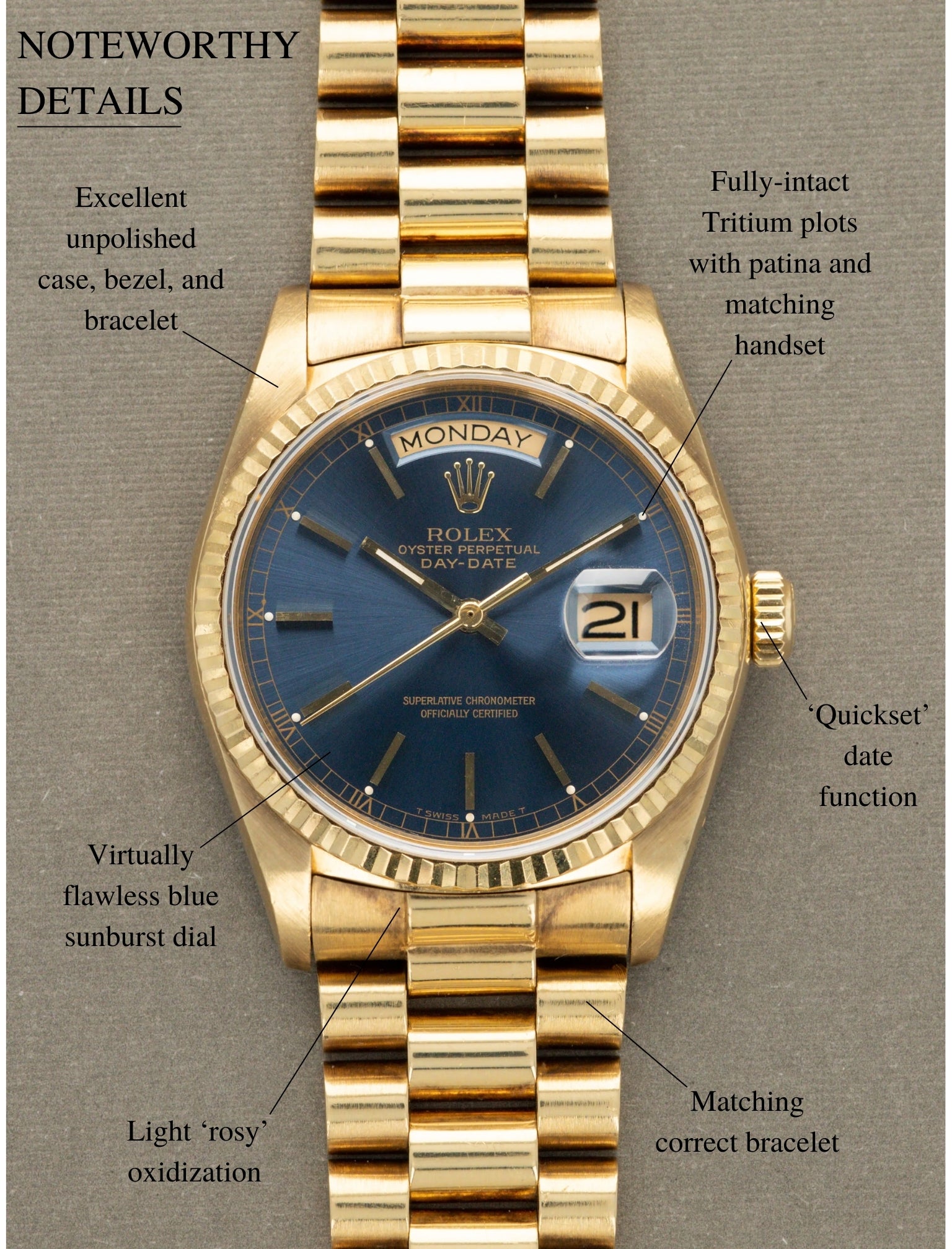 Rolex Day-Date Ref. 18038 - Navy Blue Sunburst Dial Unpolished