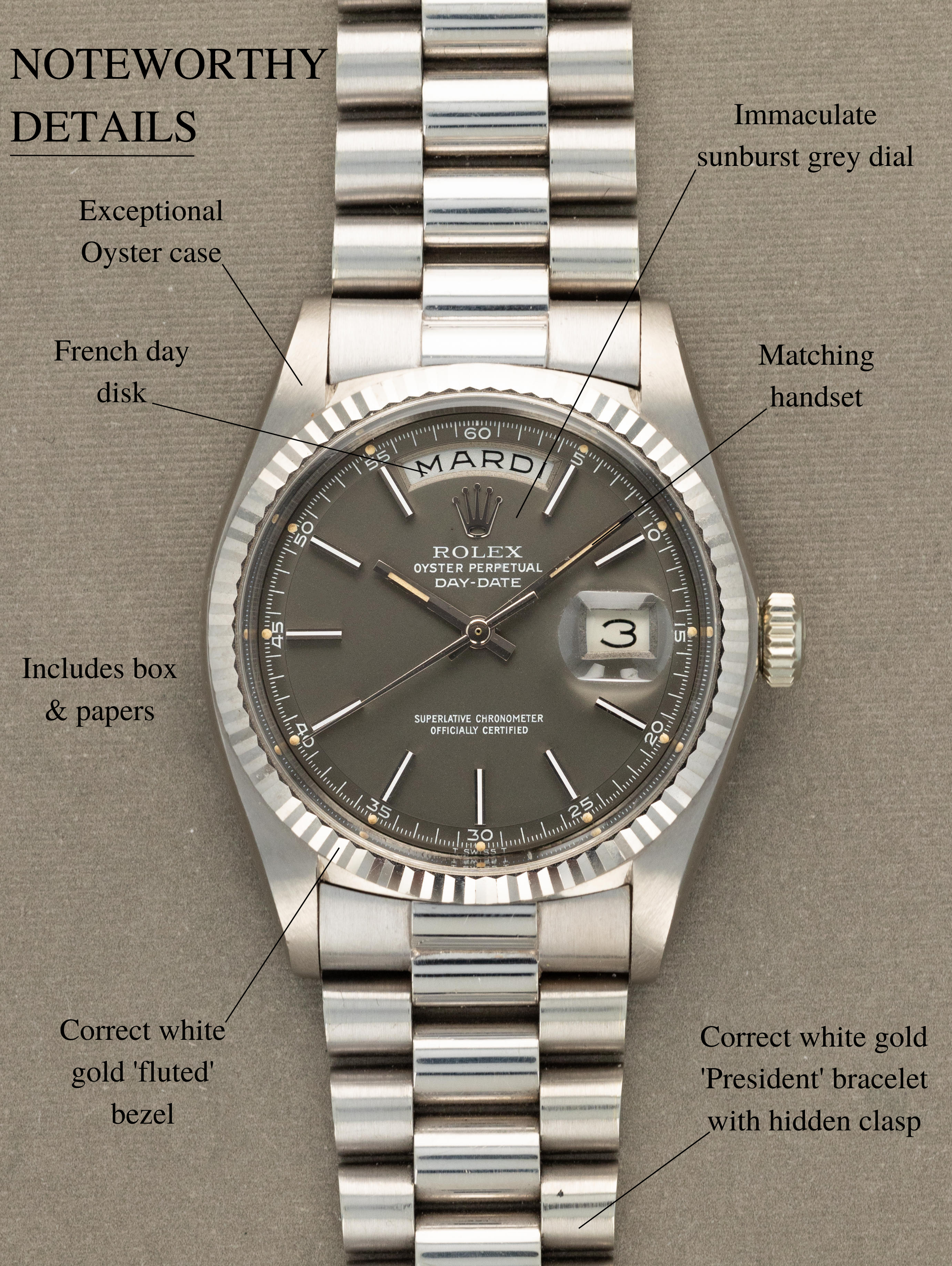 Rolex Day-Date Ref. 1803/9 - Satin Grey Dial Unpolished W/ Box & Papers