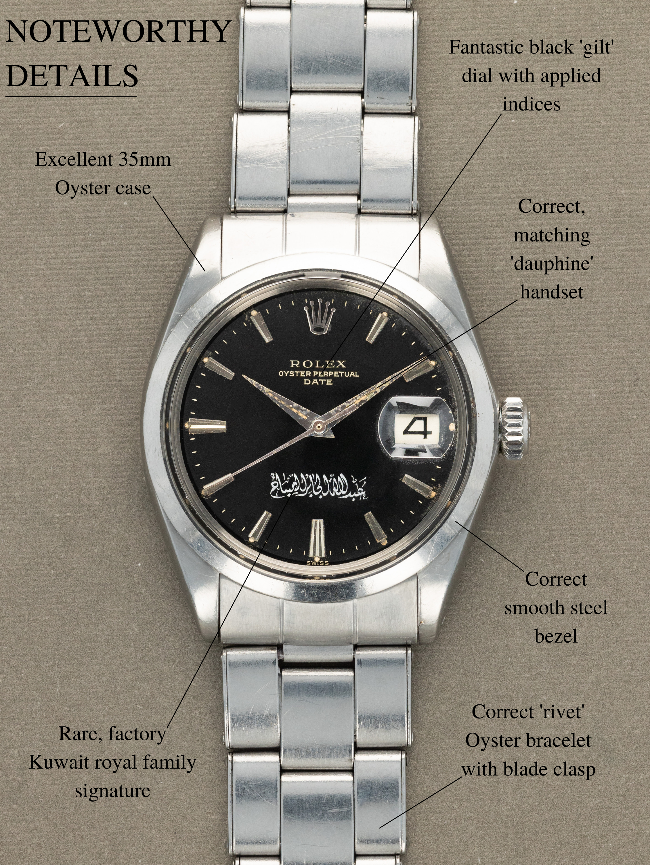 Rolex Oyster Perpetual Date Ref. 1500 - Black 'Gilt' Dial W/ Kuwait Signature Unpolished