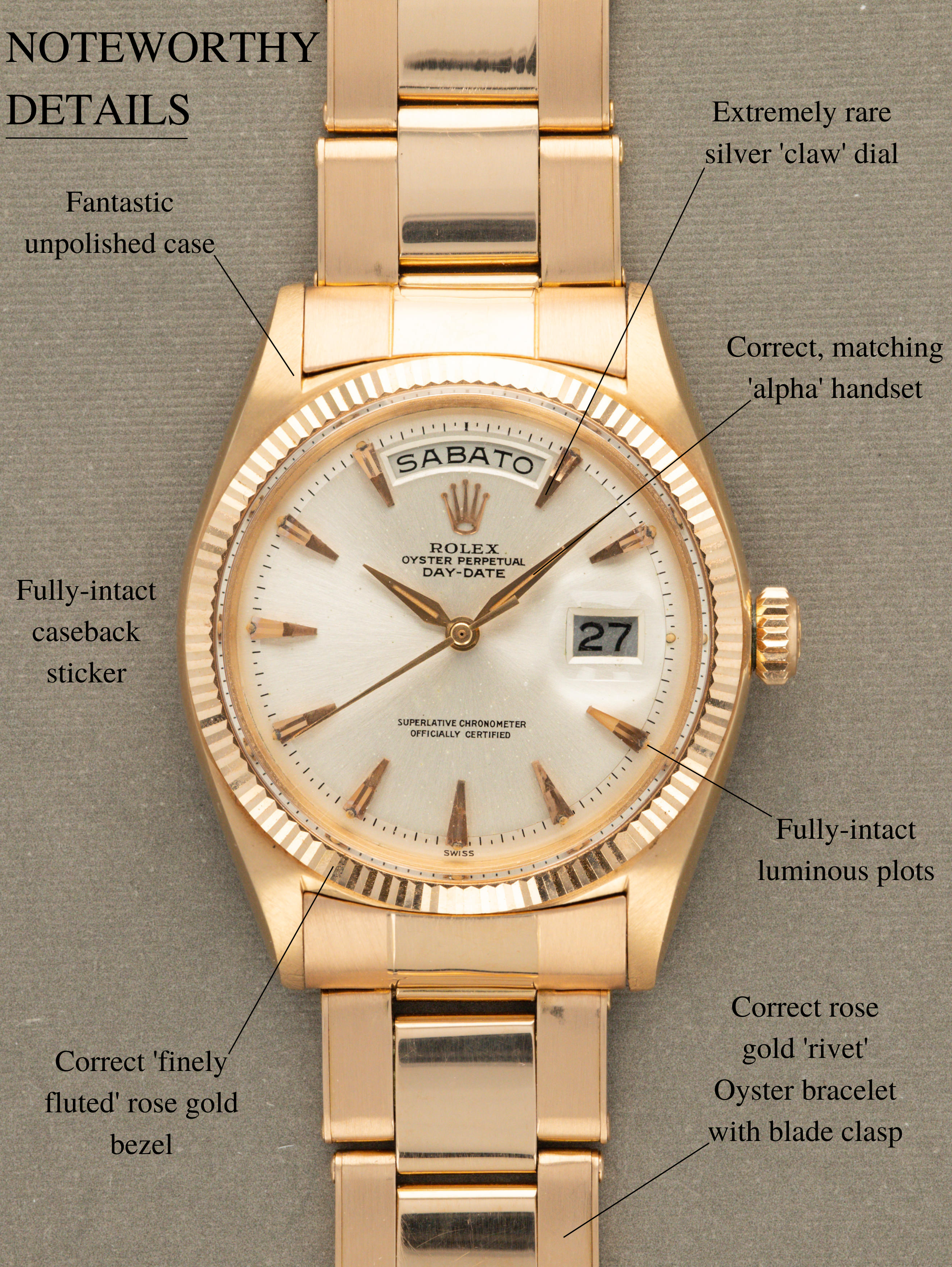 Rolex Day-Date Ref. 1803 - Rose Gold w/ Silver 'Claw' Dial LNOS w/ Caseback Sticker