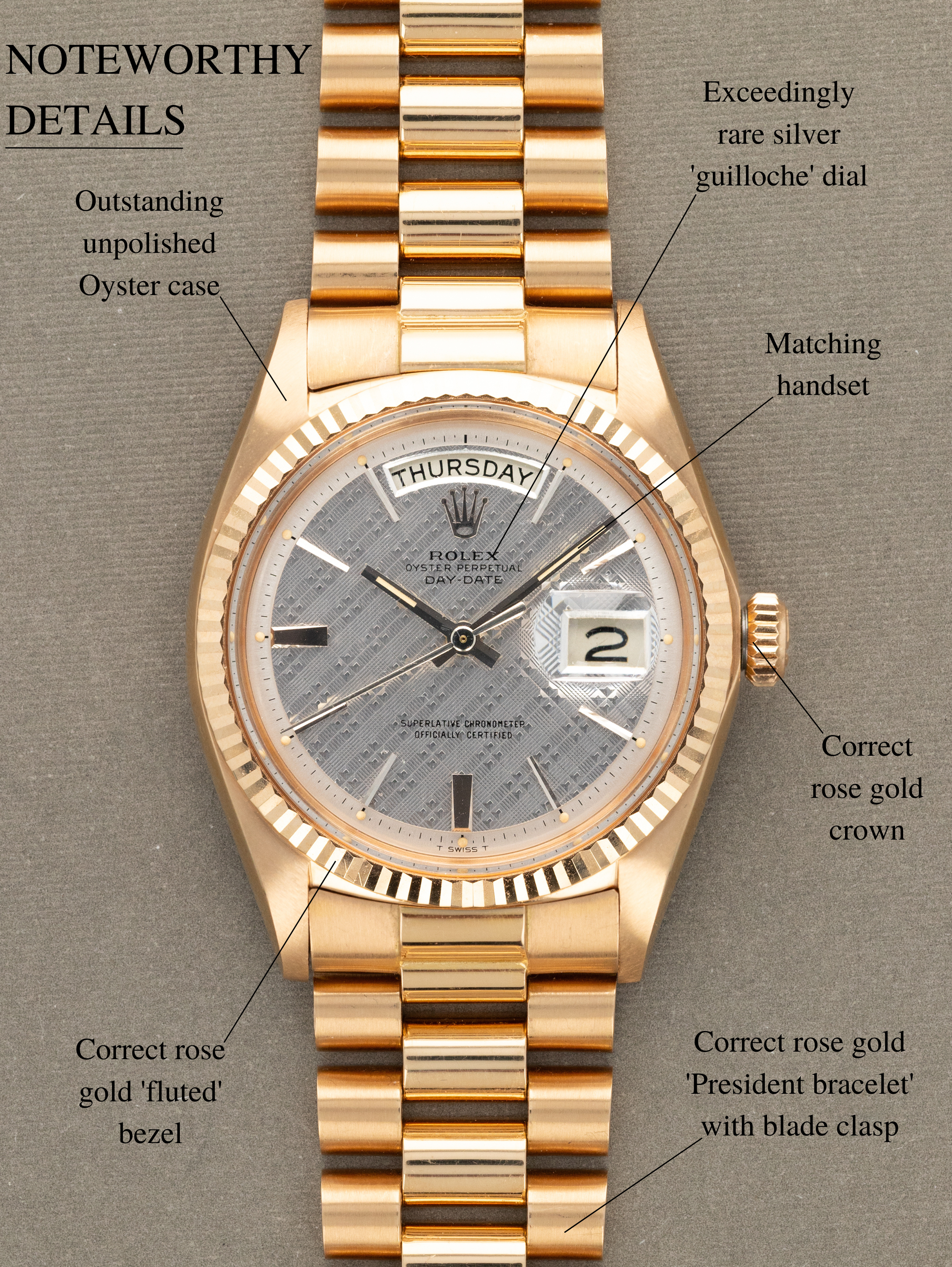 Rolex Day-Date Ref. 1803 - Rose Gold w/ Silver 'Guilloche' Dial Unpolished