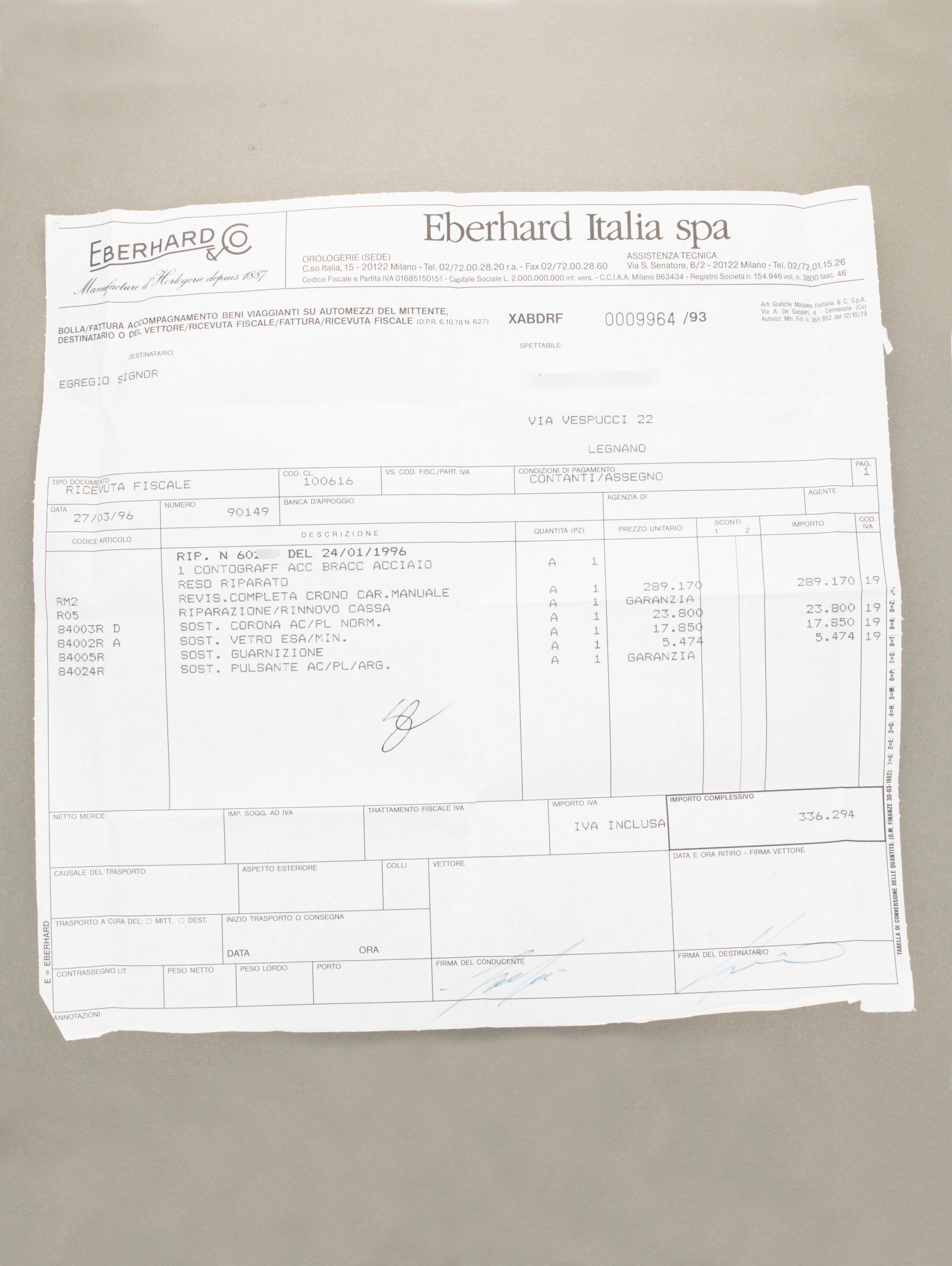 Eberhard and Co. Contograf Chronograph Ref. 14901 - Papers