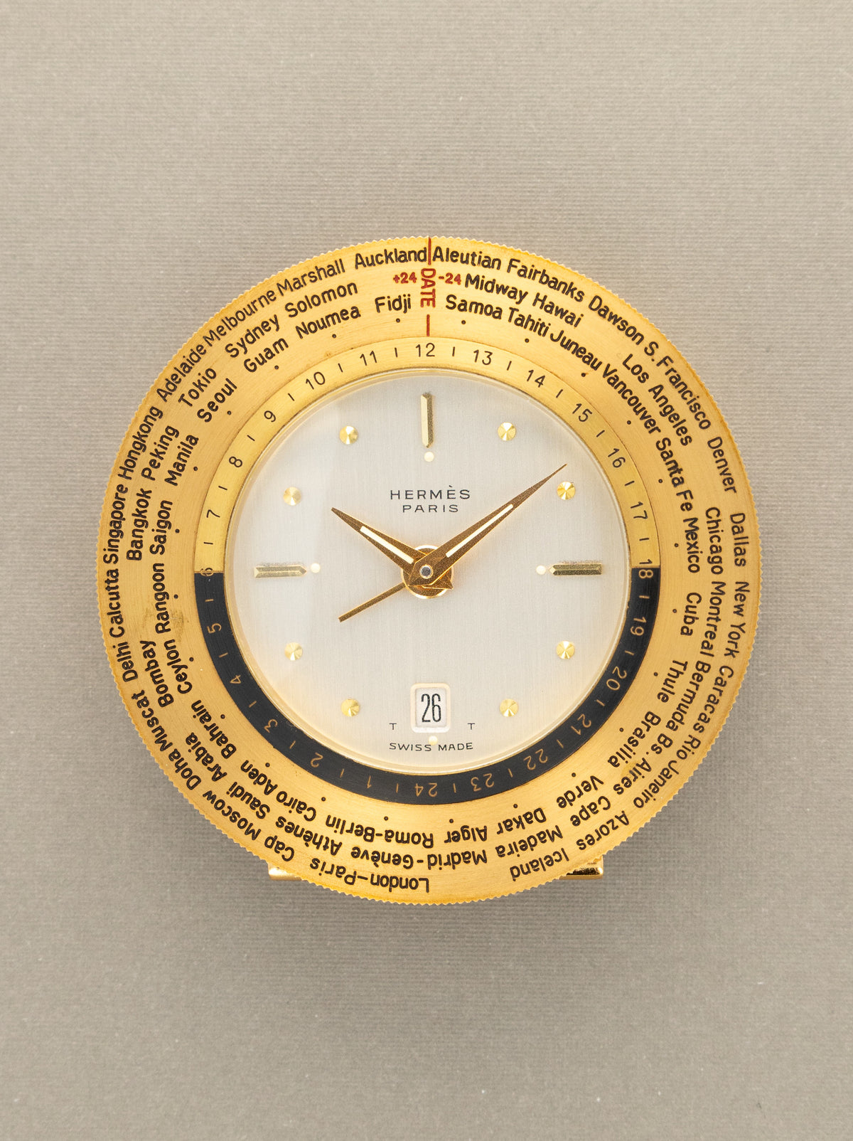 Hermès World Time Alarm Travel Clock - W/ Leather Zip-Pouch