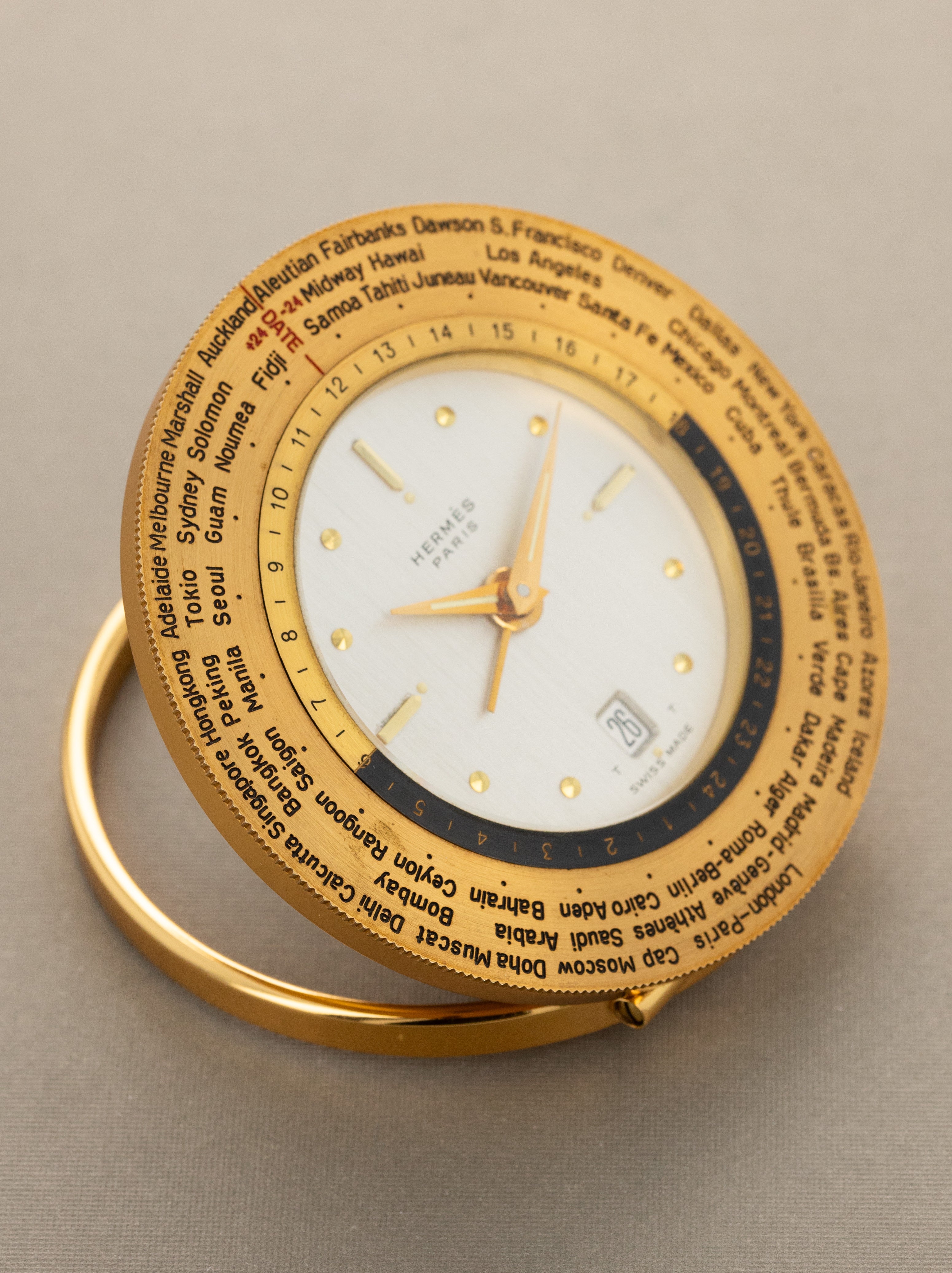 Hermès World Time Alarm Travel Clock - W/ Leather Zip-Pouch