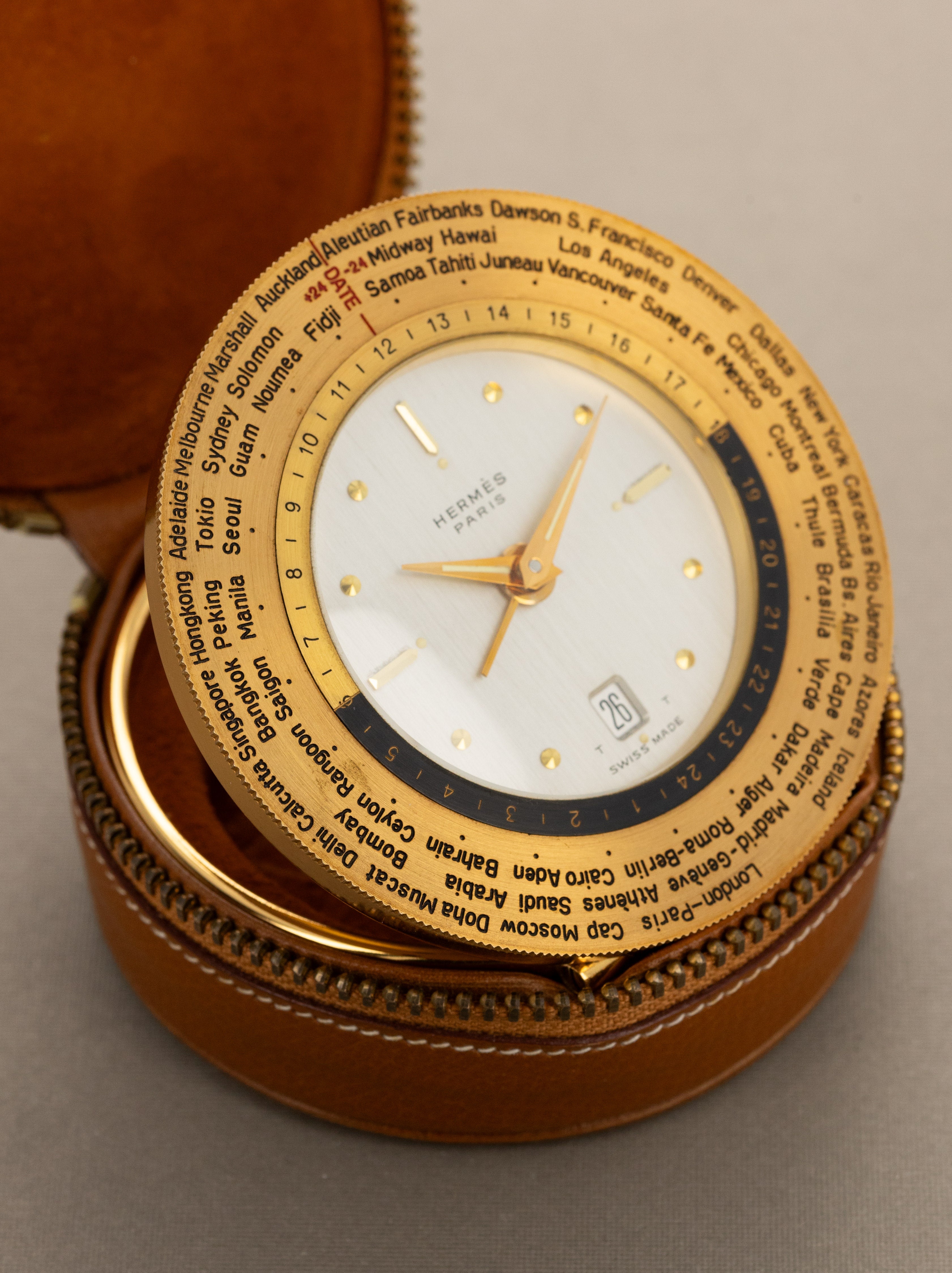 Hermès World Time Alarm Travel Clock - W/ Leather Zip-Pouch