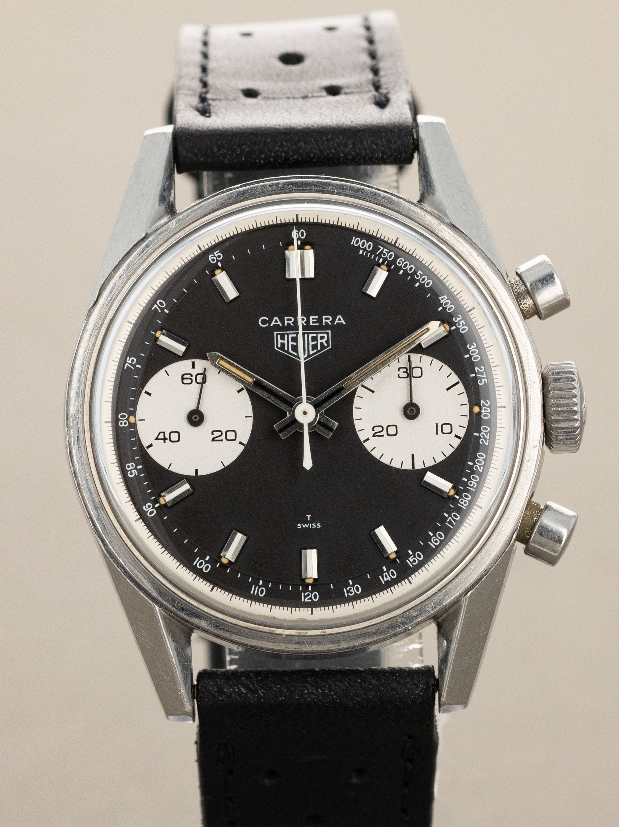 Heuer Carrera Ref. 7753NT - Matte Black 'Reverse-Panda' Dial Unpolished
