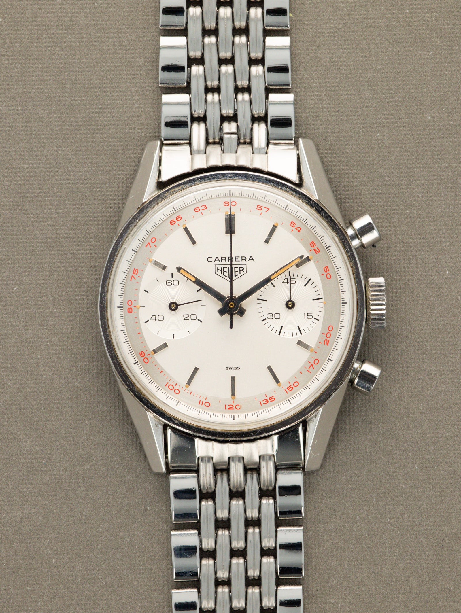Heuer Carrera Ref. 3647T - Sunburst Silver 'Red Tachy' Dial Unpolished w/ Box & Papers