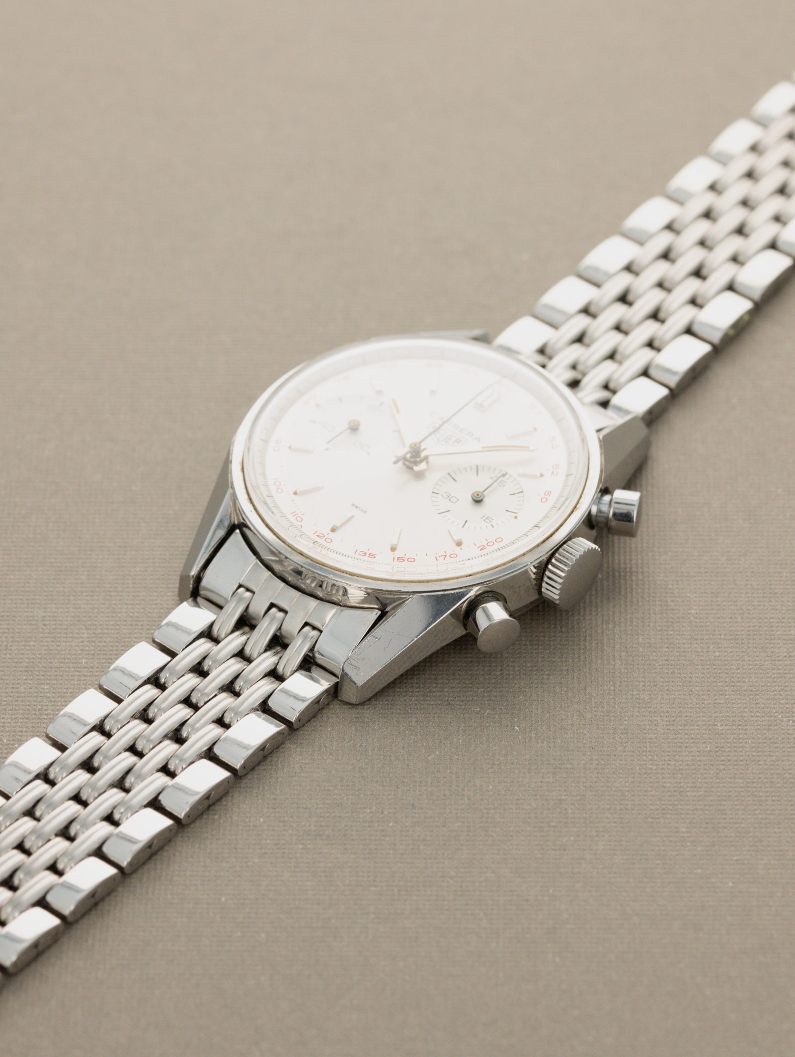 Heuer Carrera Ref. 3647T - Sunburst Silver 'Red Tachy' Dial Unpolished w/ Box & Papers