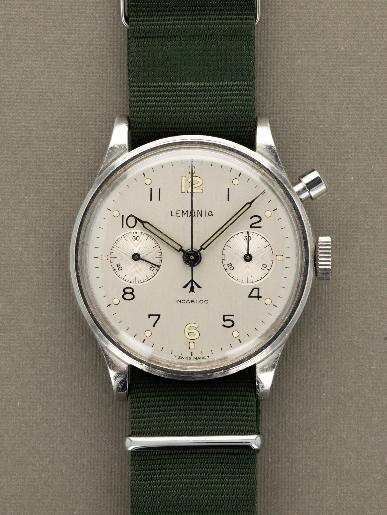 Lemania H.S.9 Monopusher Chronograph - 'Brushed' Silver Dial British Military Issued
