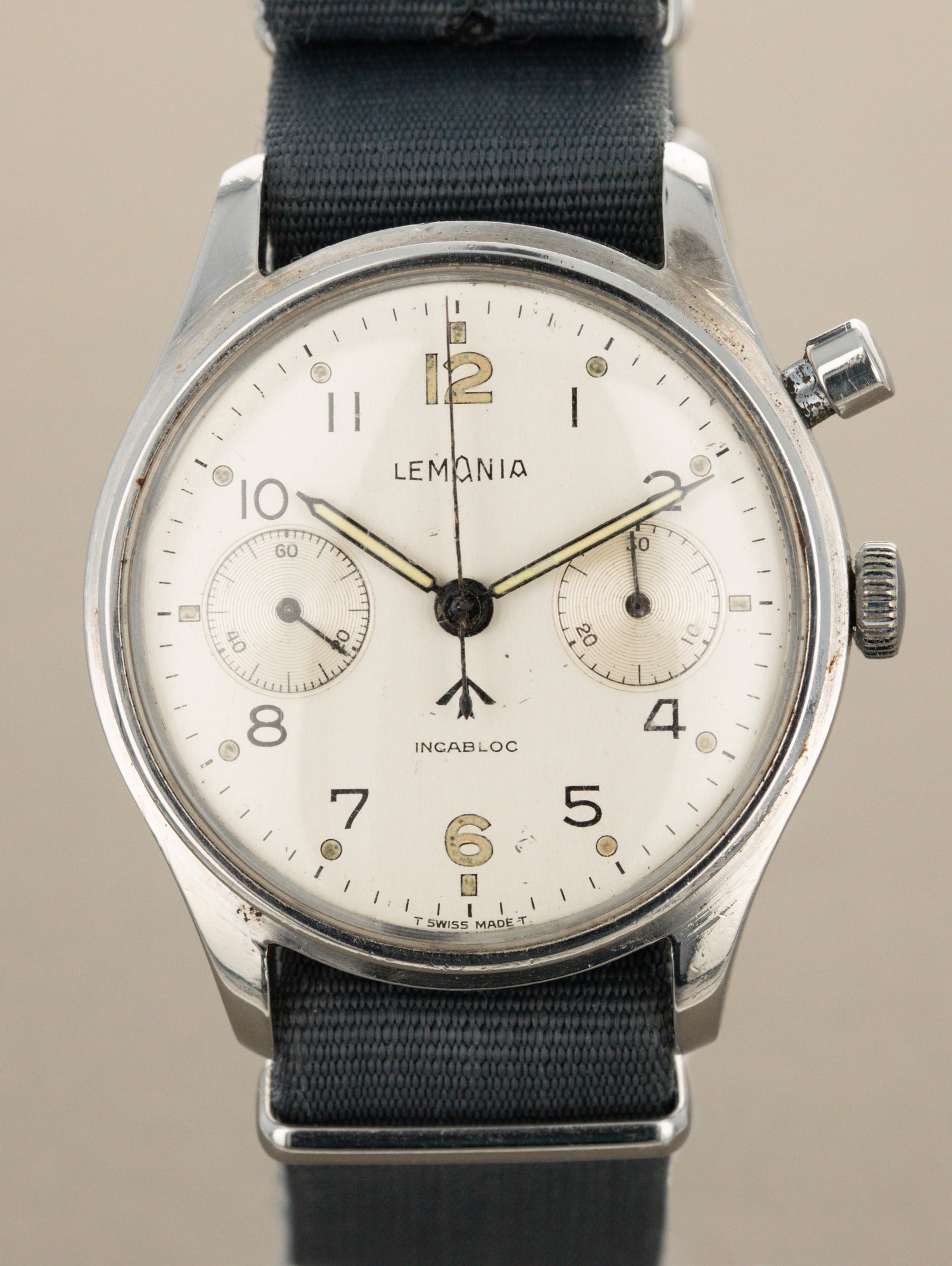 Lemania H.S.9 Monopusher Chronograph - 'Brushed' Silver Dial British Military Issued
