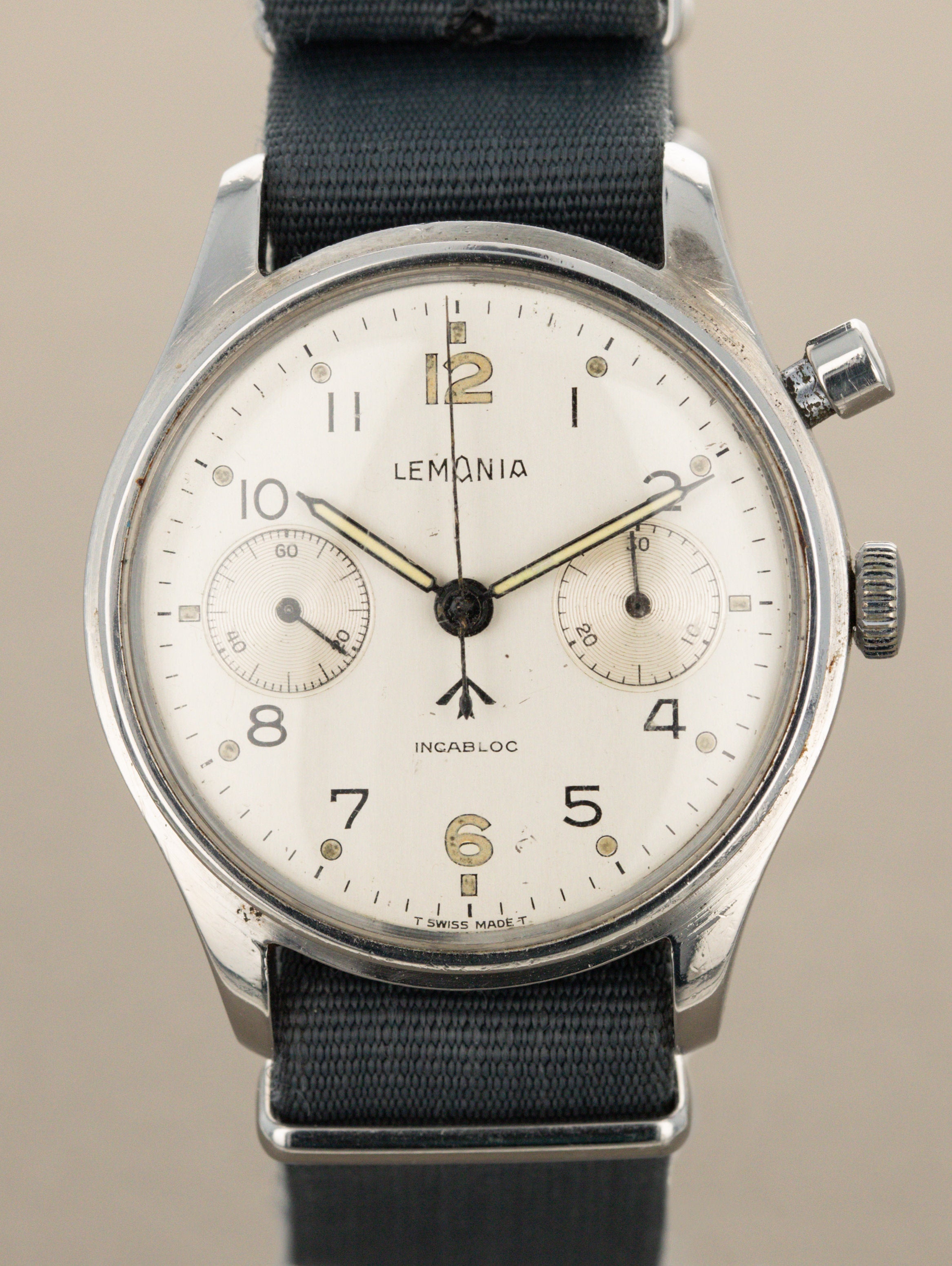 Lemania Monopusher Chronograph - 'Brushed' Silver Dial British Military Issued
