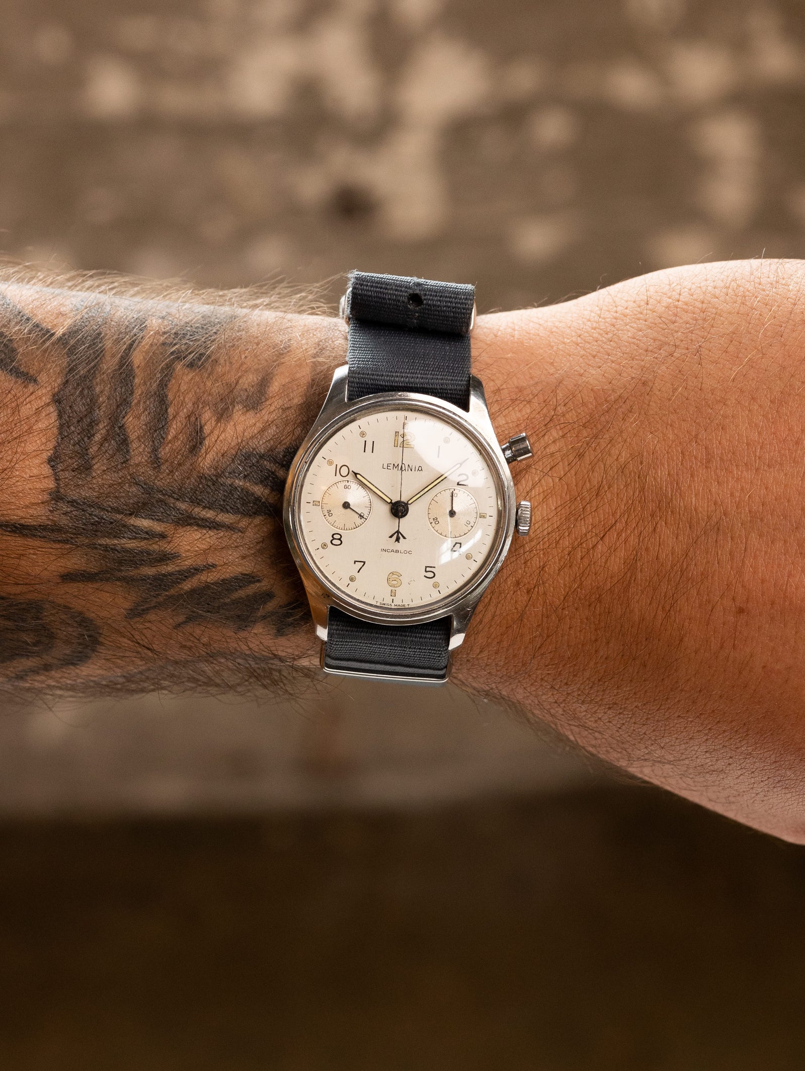 Lemania H.S.9 Monopusher Chronograph - 'Brushed' Silver Dial British Military Issued