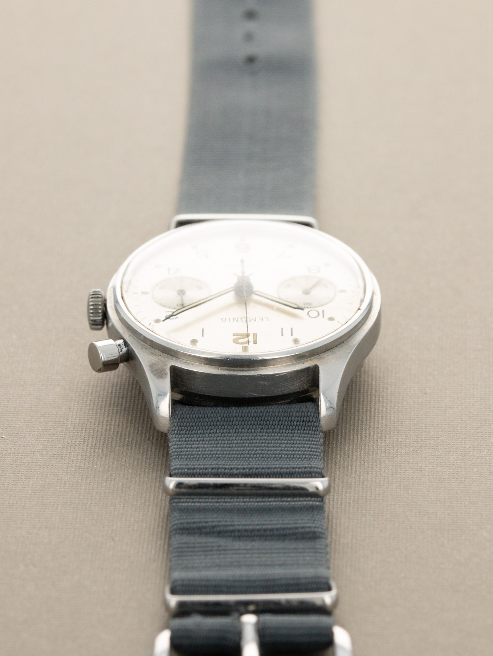 Lemania H.S.9 Monopusher Chronograph - 'Brushed' Silver Dial British Military Issued