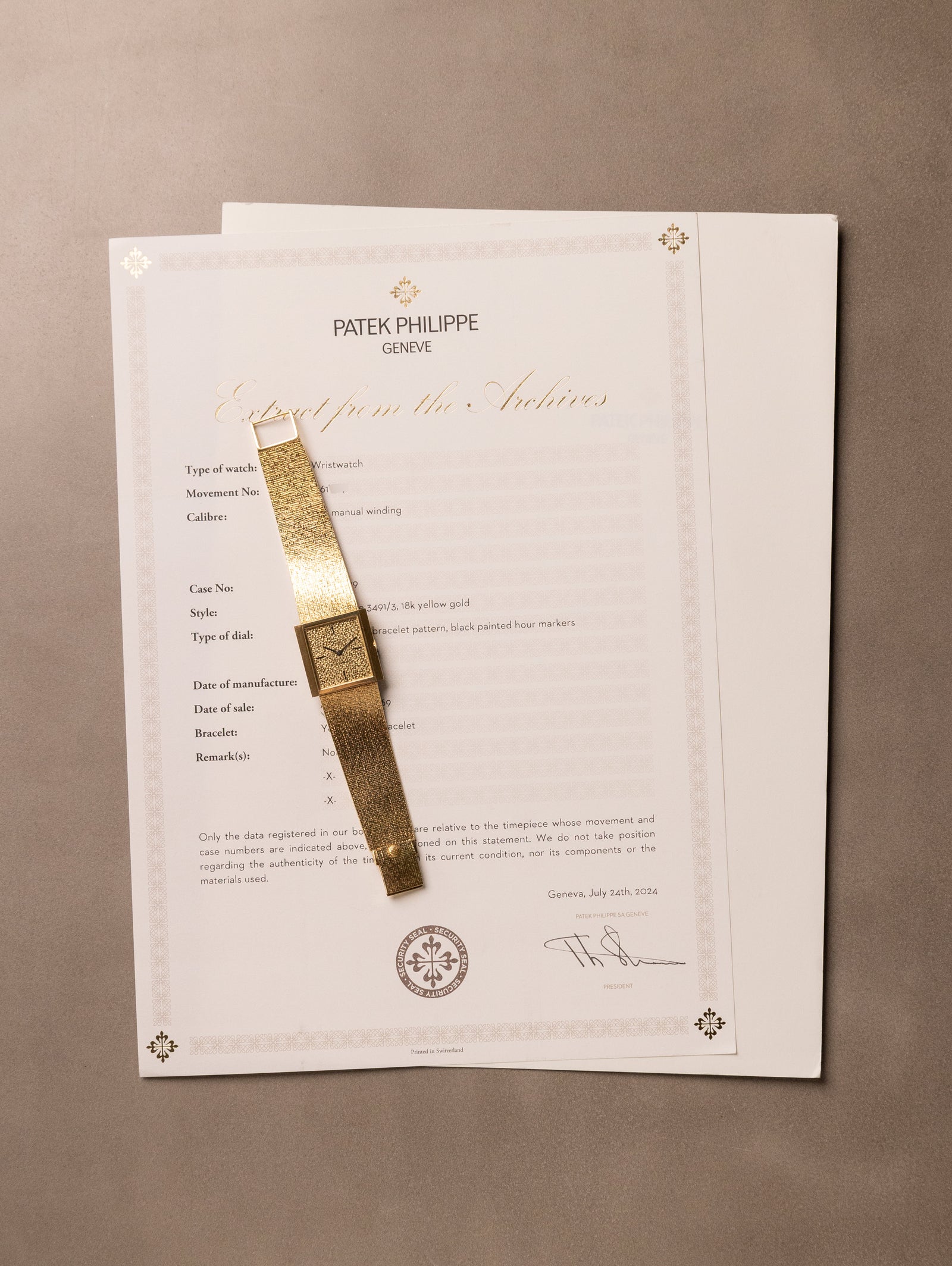 Patek Philippe Yellow Gold Rectangular Dress Watch - 'Cartier' Dial w/ Extract