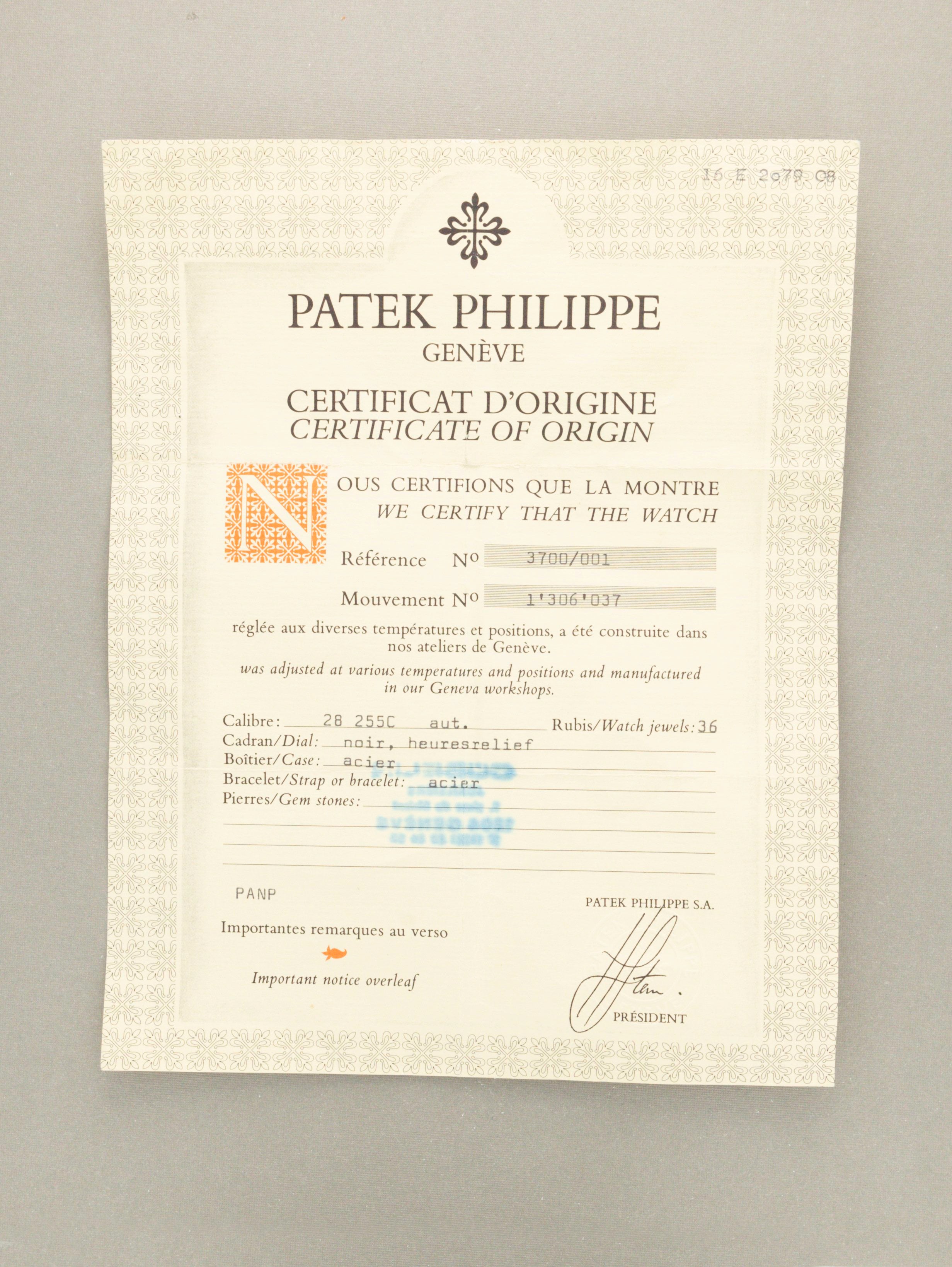 Patek Philippe Nautilus Ref. 3700 - Retailed by Gübelin Full Set