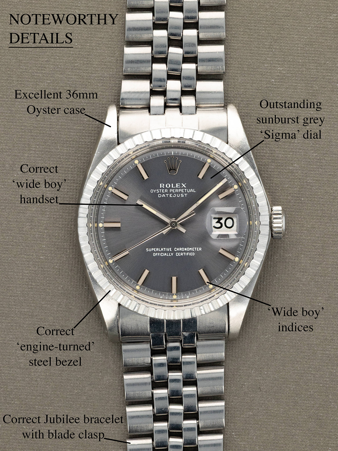 Rolex Datejust Ref. 1603 - Sunburst Grey 'Wide Boy Sigma' Dial Unpolished
