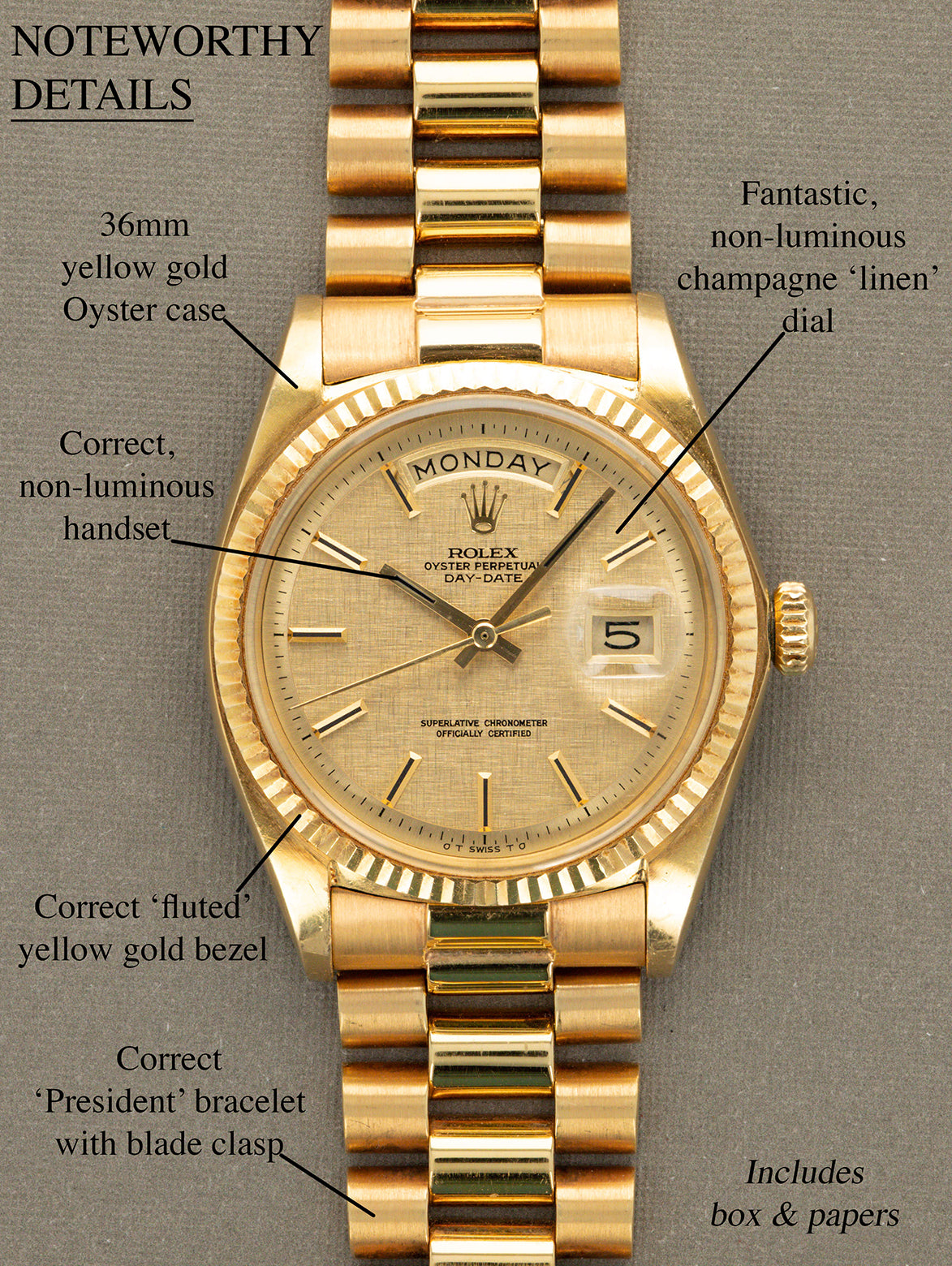 Rolex Day-Date Ref. 1803 - Champagne 'Linen Non-Luminous' Dial Unpolished W/ Box & Papers