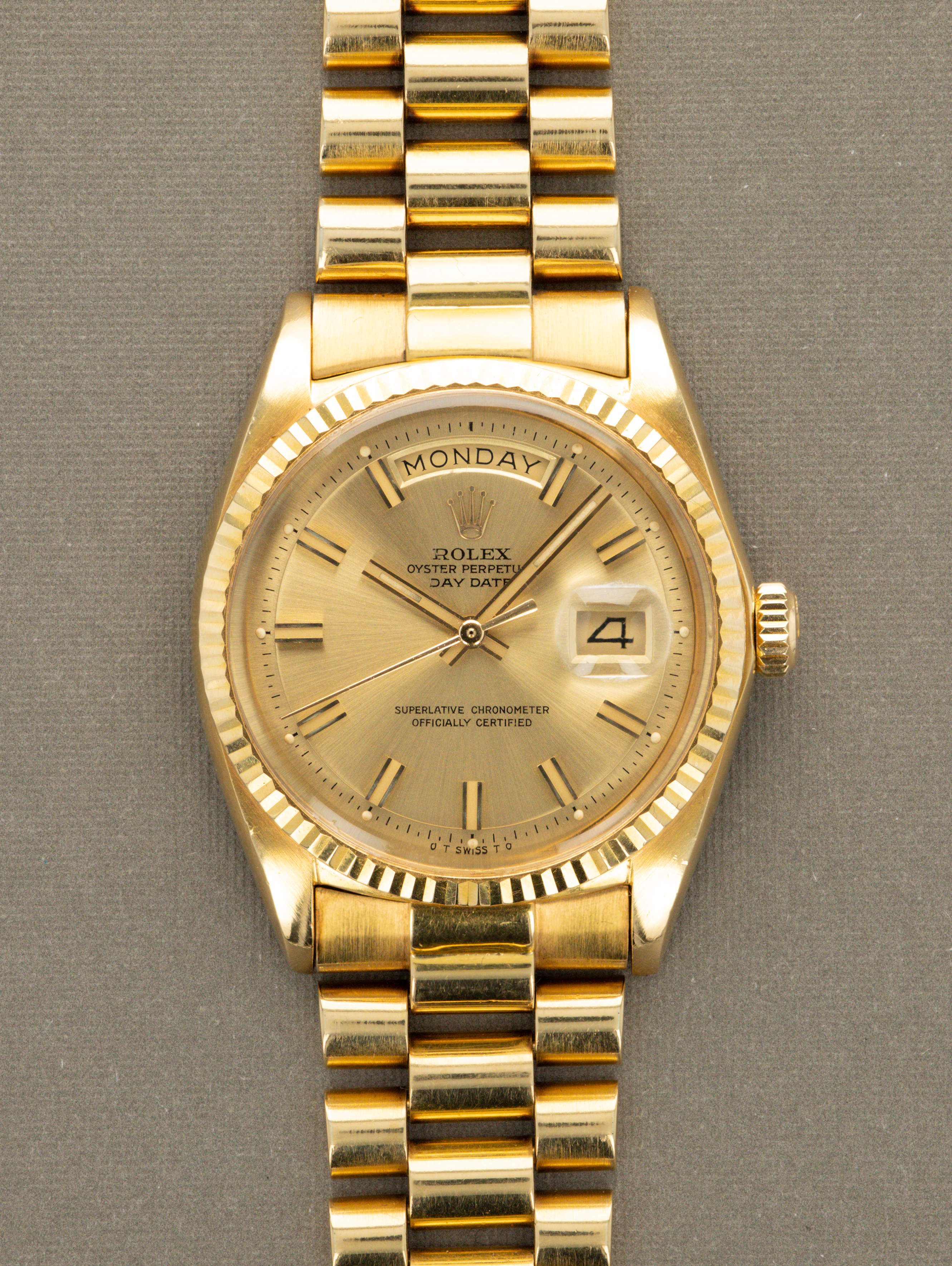 Rolex Day-Date Ref. 1803 - Sunburst Champagne 'Wide Boy-Sigma' Dial Unpolished W/ Box & Papers