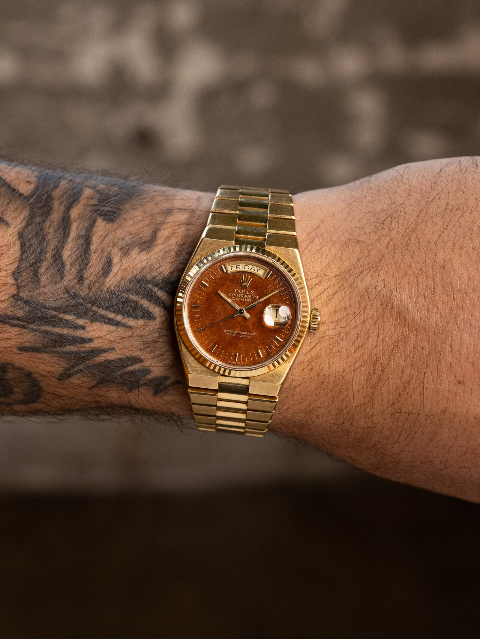 Rolex Oysterquartz Day-Date Ref. 19018 - 'Burlwood' Dial Unpolished