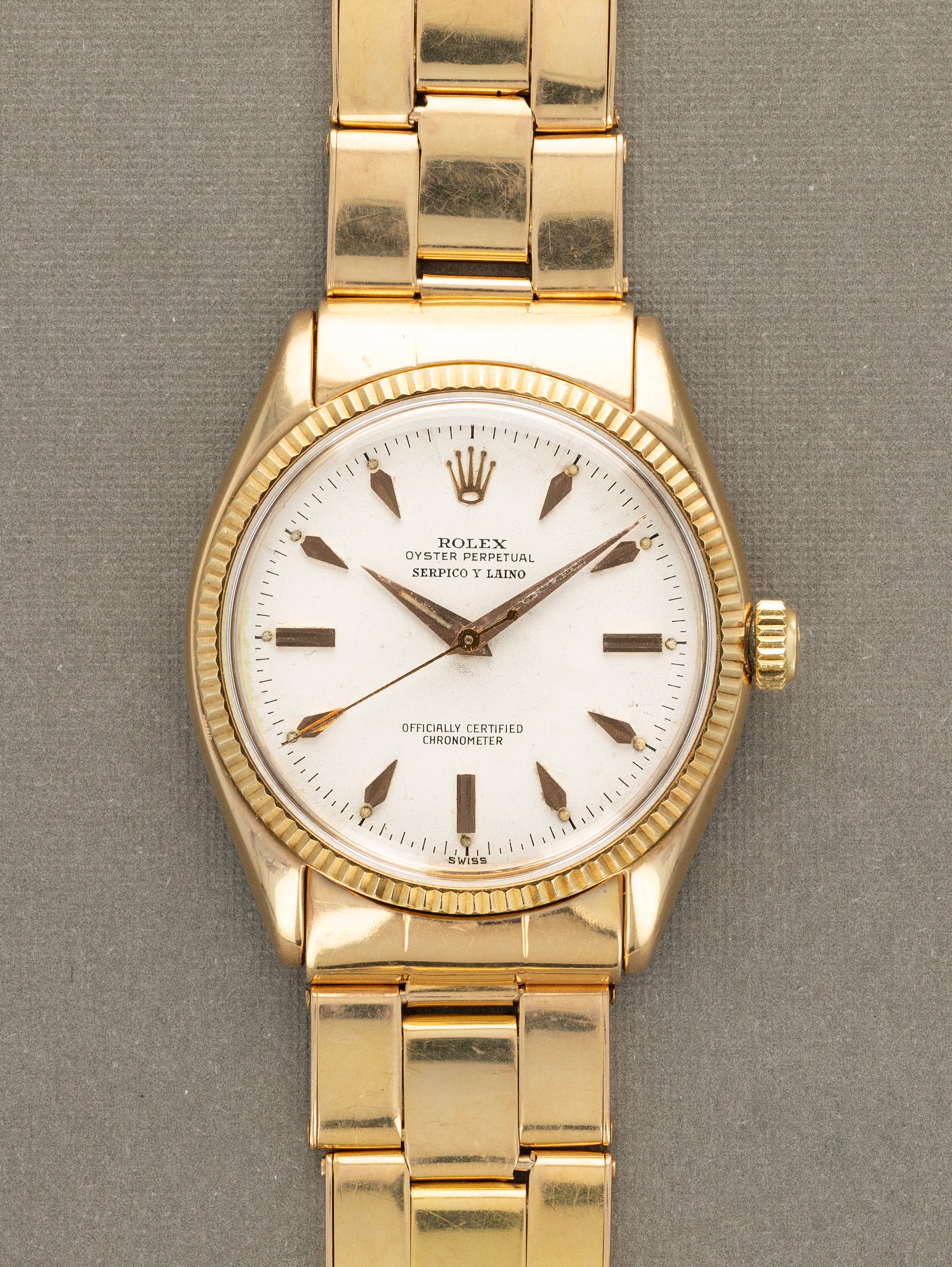 Rolex Oyster Perpetual Ref. 6567 Rose Gold - Satin Silver 'Serpico Y Laino'  Dial