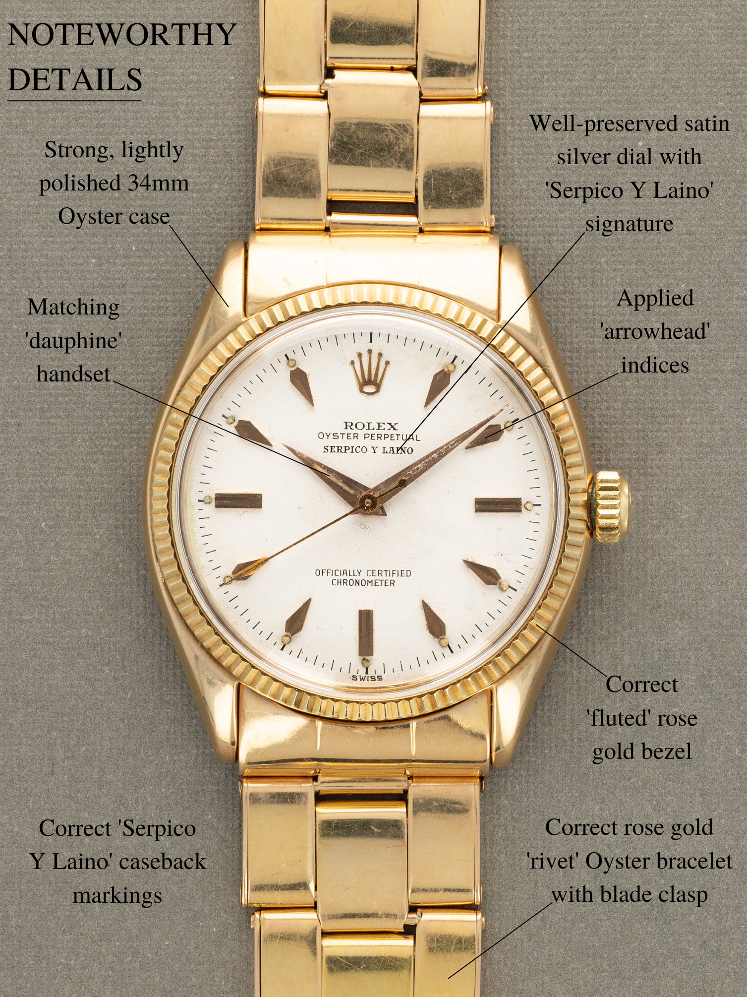 Rolex Oyster Perpetual Ref. 6567 Rose Gold - Satin Silver 'Serpico Y Laino' Dial