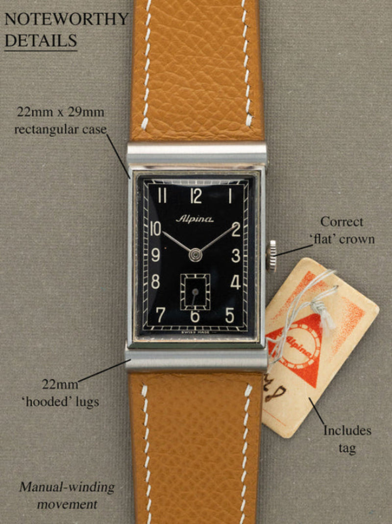 Alpina 'Hooded' Lug Rectangular Dress Watch - Gloss Black Dial LNOS W/ Tag