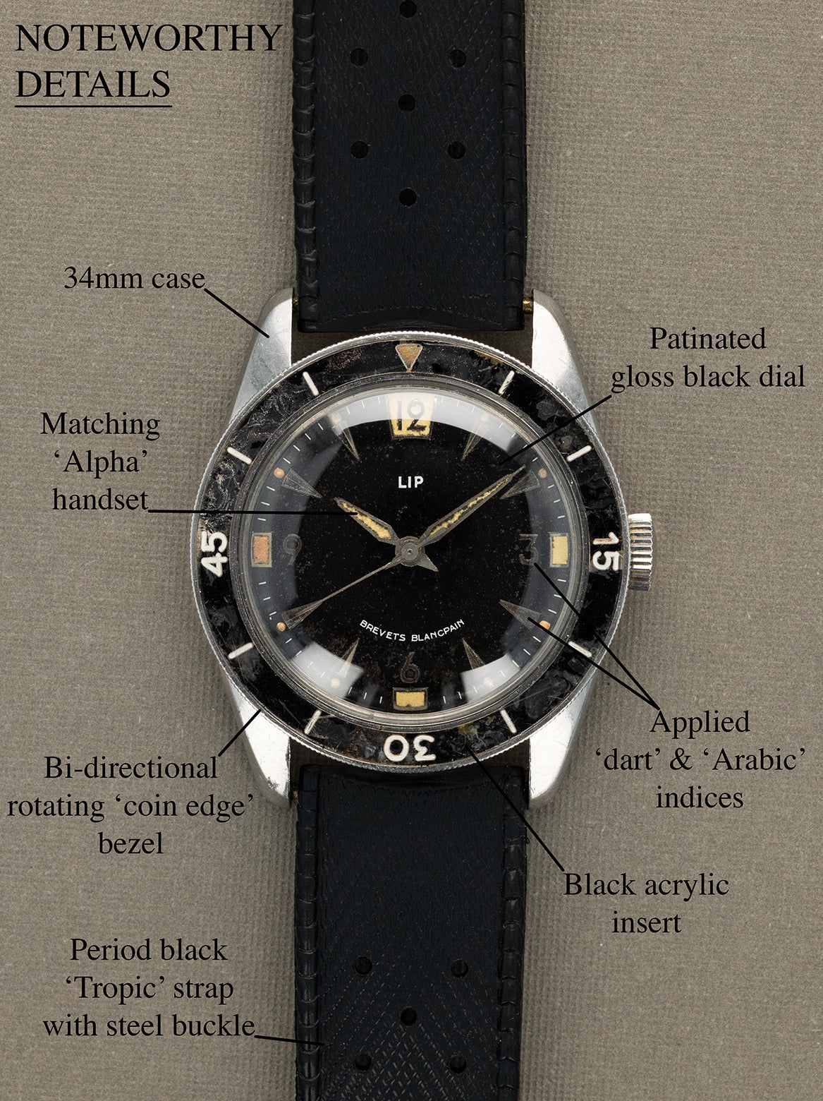 LIP 'Brevets Blancpain' - Gloss Black Tritium Dial Unpolished