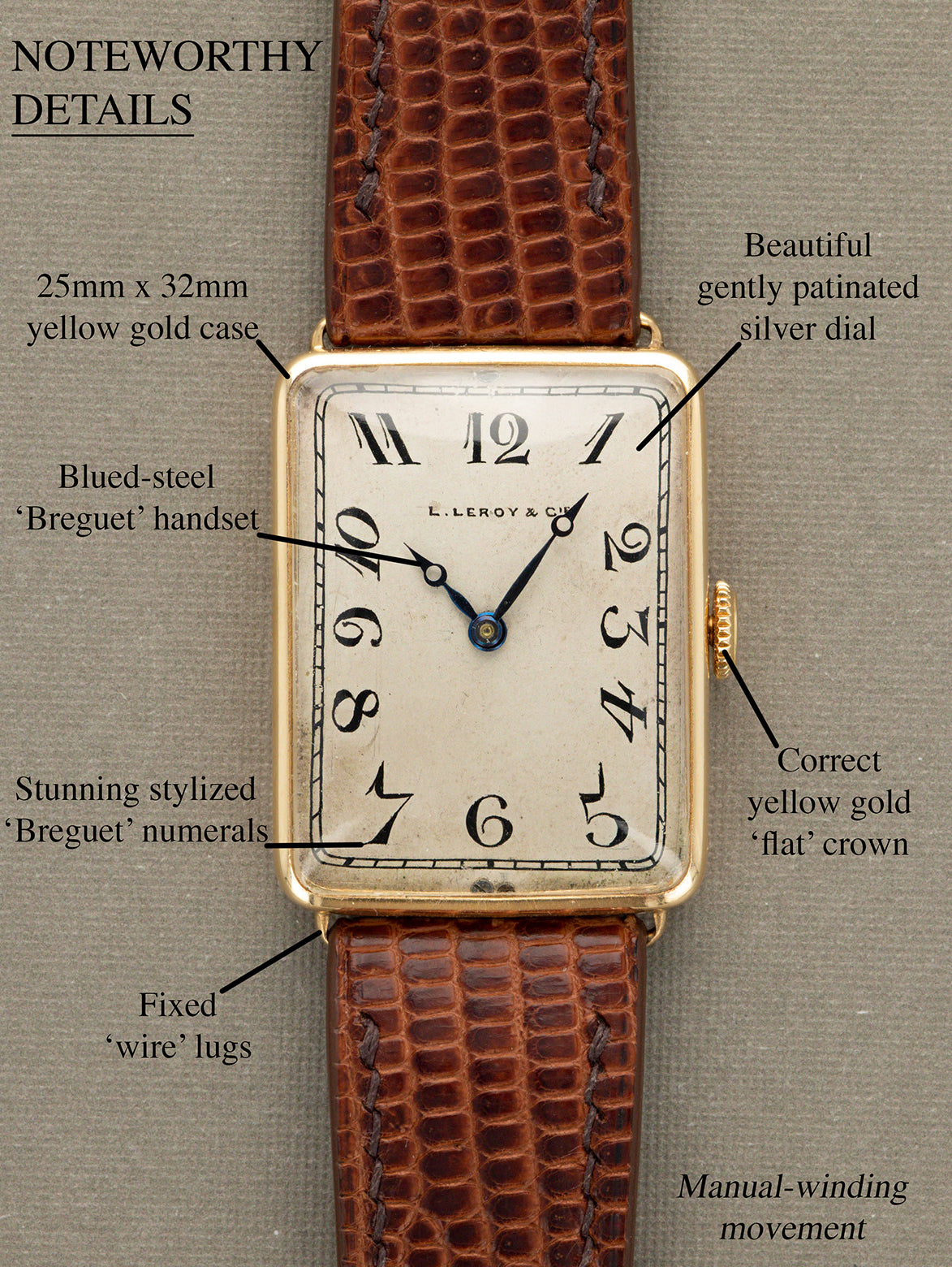 L. Leroy & Cie Rectangular Dress Watch - Satin Silver 'Breguet' Dial w/ Box & Receipt