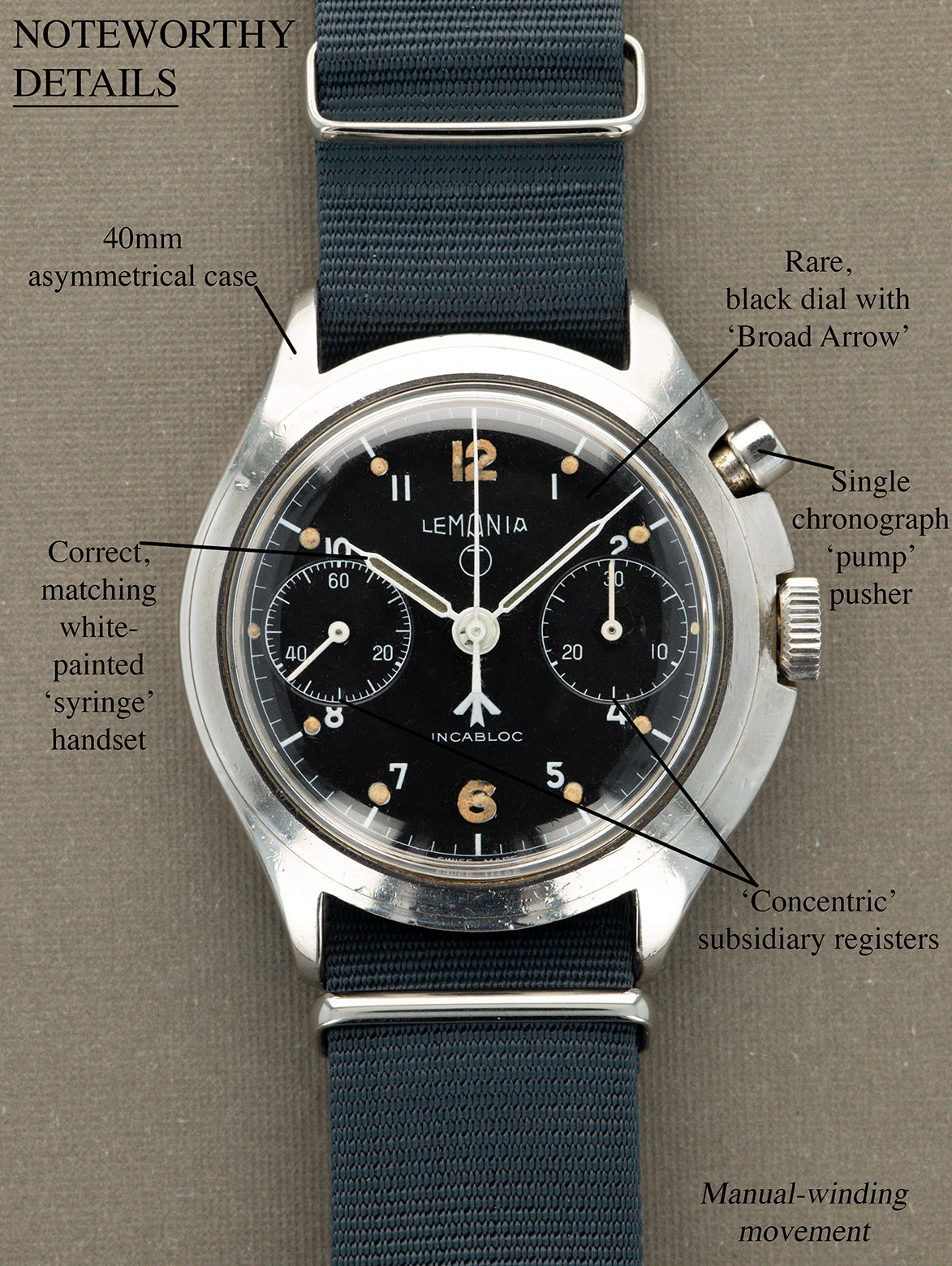 Lemania Monopusher Chronograph 'RAF' Ref. 6BB/924-3306 - Satin Black 'Broad Arrow' Dial
