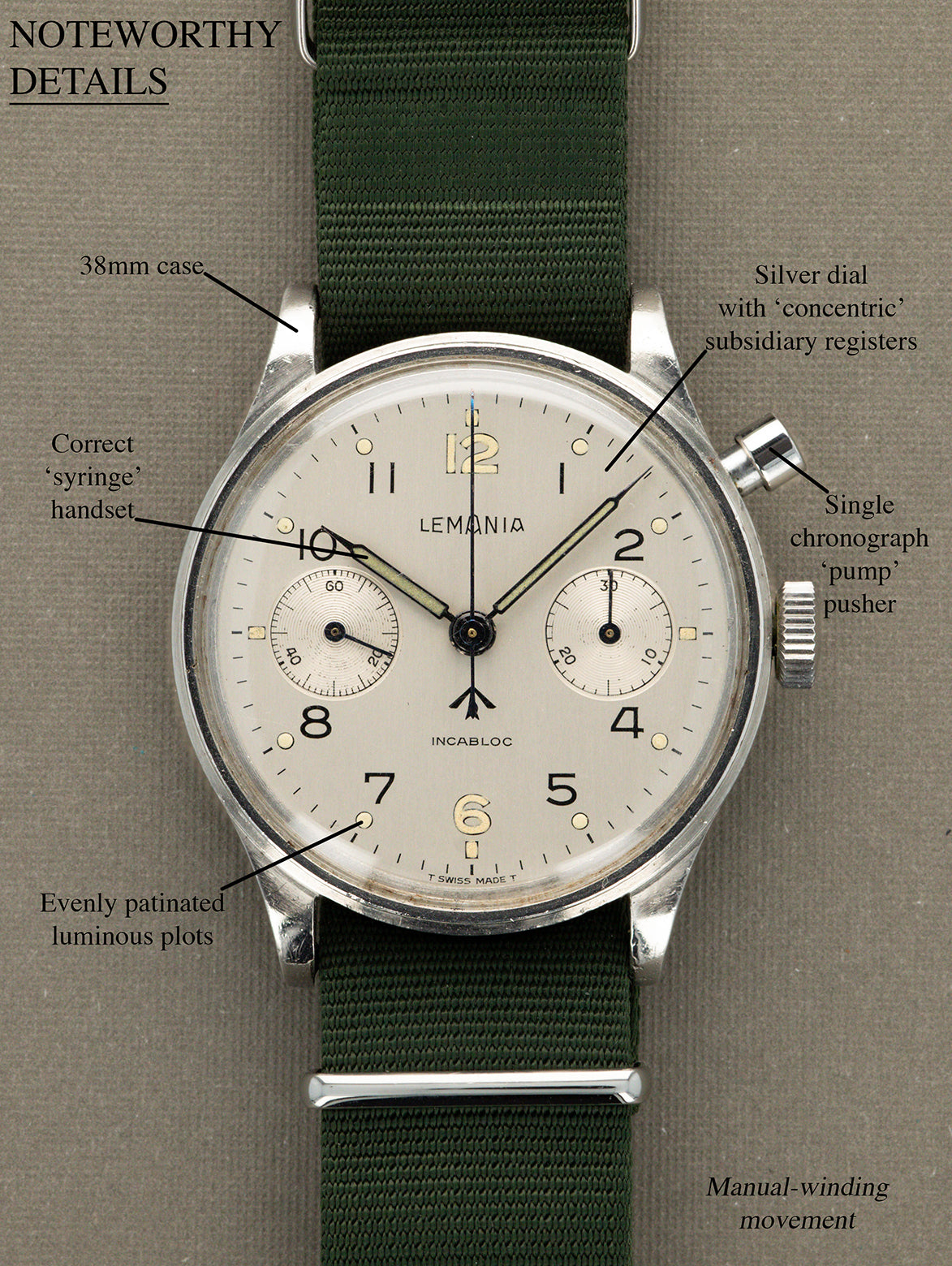 Lemania H.S.9 Monopusher Chronograph - 'Brushed' Silver Dial British Military Issued