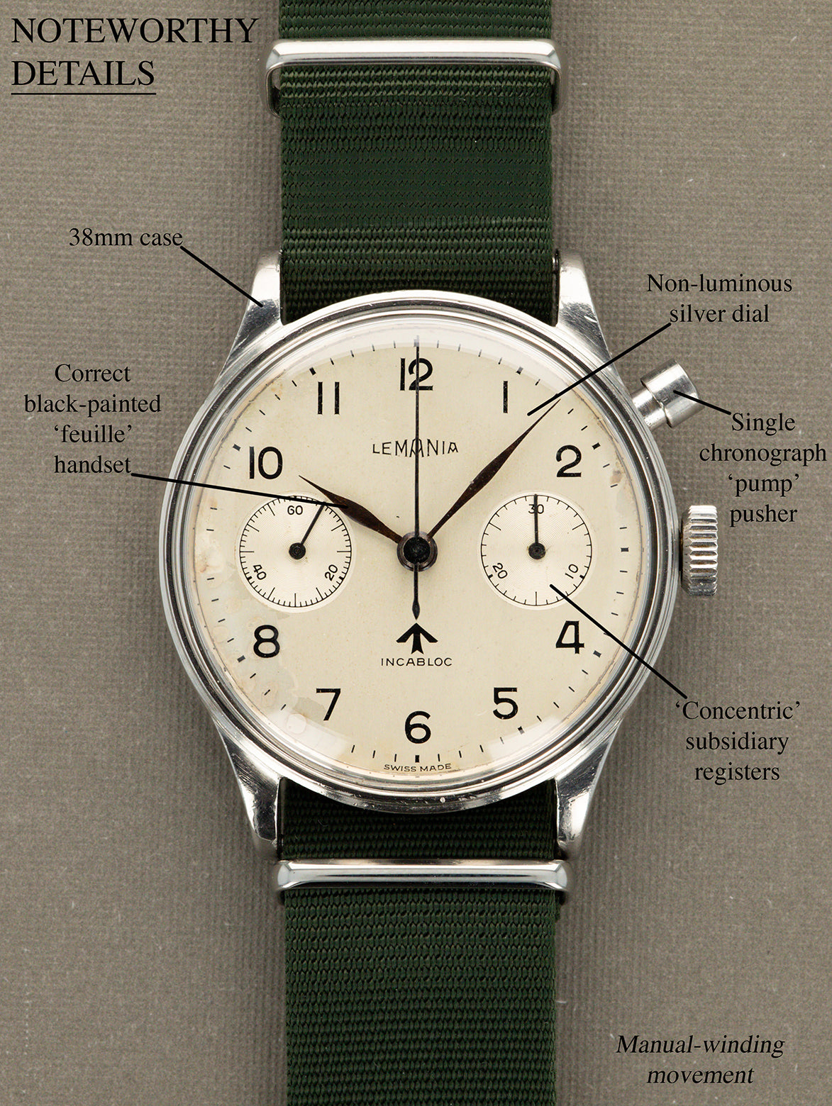 Lemania Monopusher Chronograph Ref. 0552/924-3312 - 'Brushed' Silver Non-Luminous Dial British Military Issued