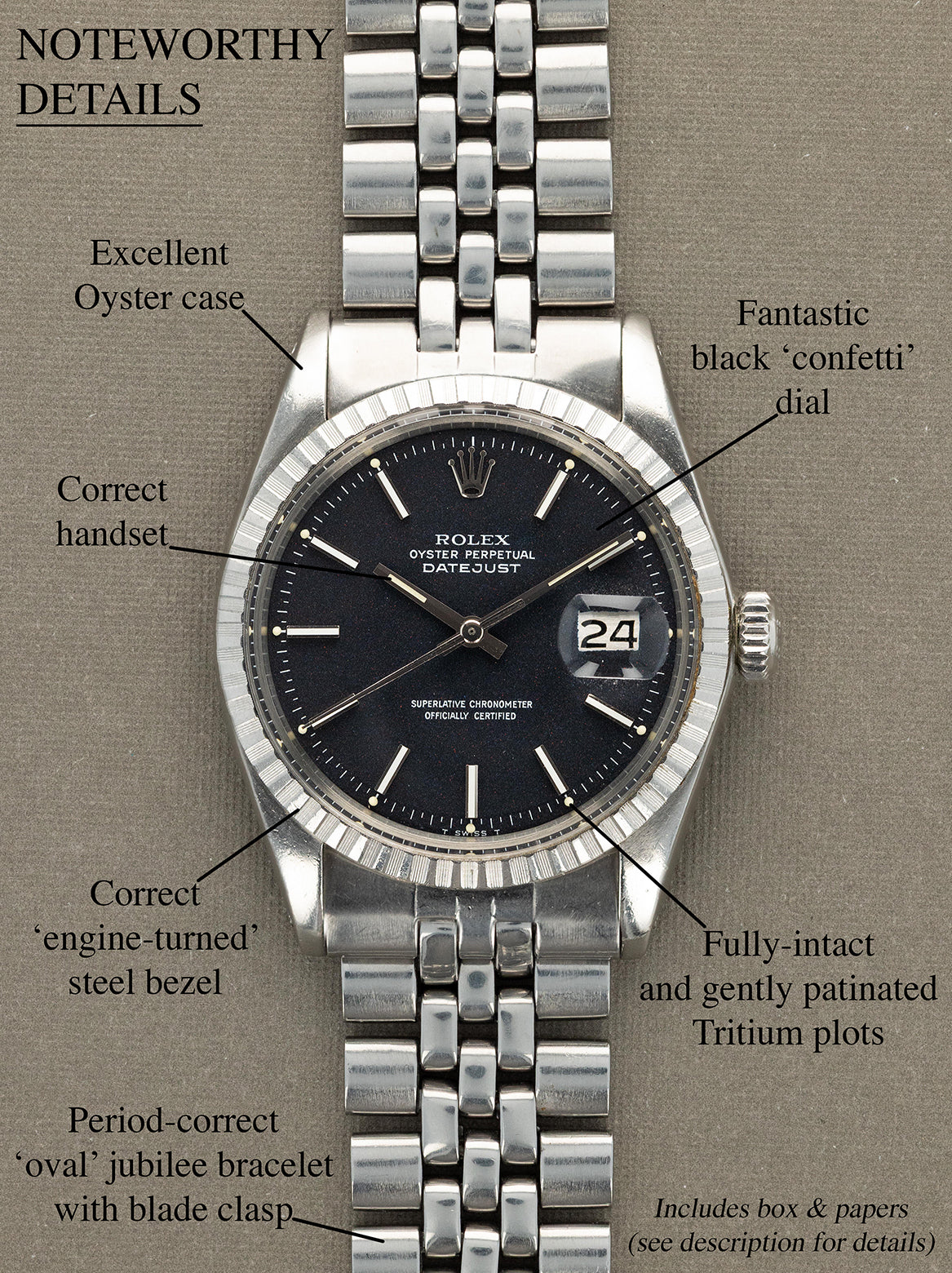 Rolex Datejust Ref. 1603 - Black 'Confetti' Dial W/ Box & Papers