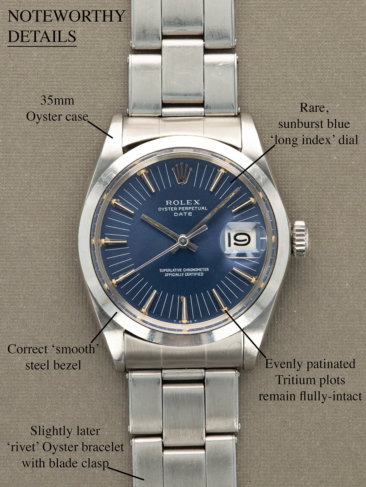 Rolex Oyster Perpetual Date Ref. 1500 - Sunburst Blue 'Long Index' Dial Unpolished