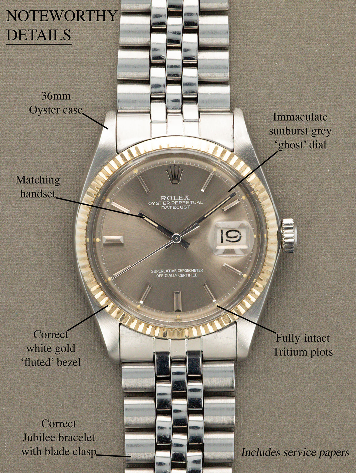 Rolex Datejust Ref. 1601 - Sunburst Grey 'Ghost' Dial Unpolished W/ Service Papers