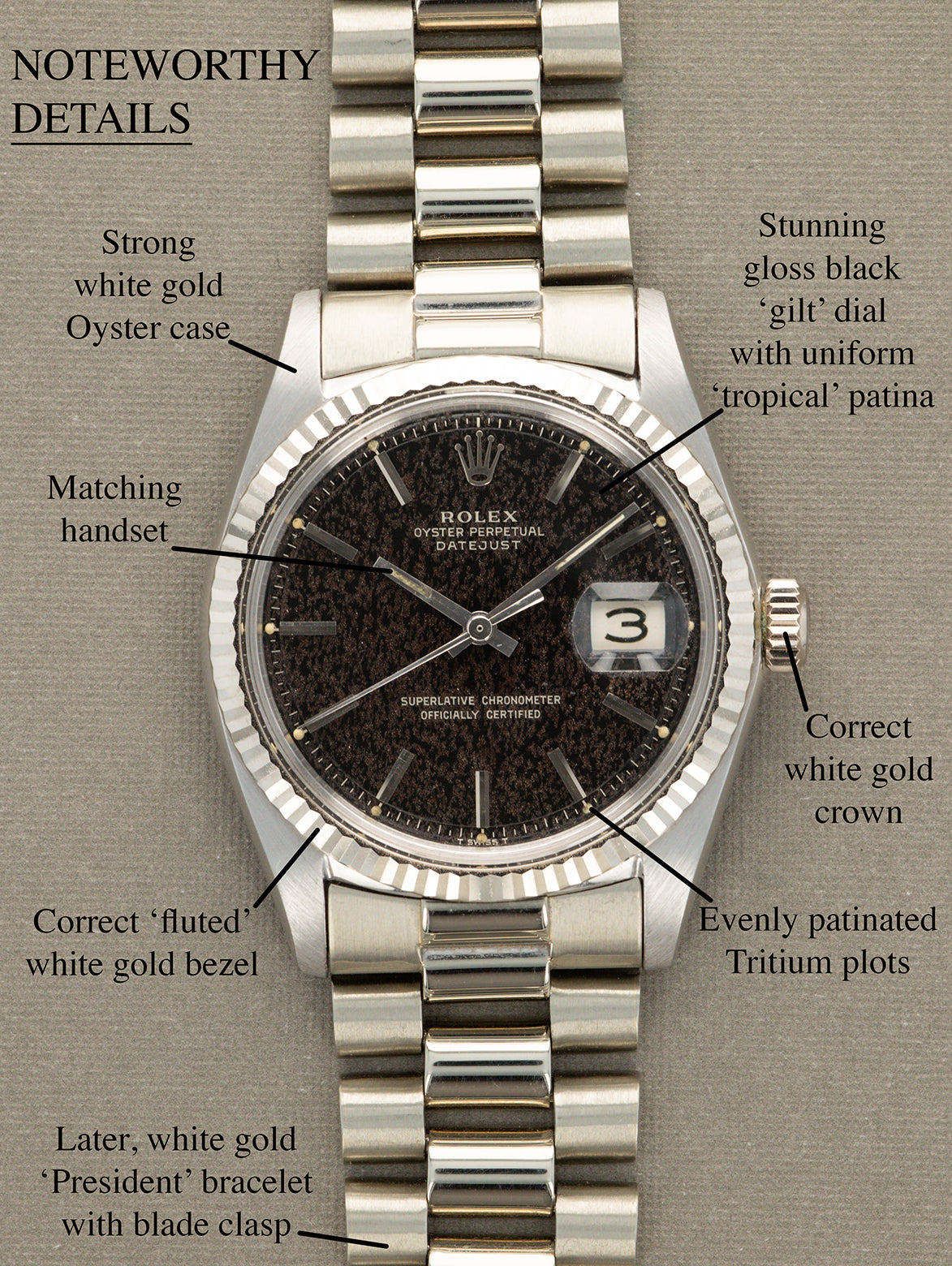 Rolex Datejust Ref. 1601/9 White Gold - Gilt 'Wood' Tropical Dial