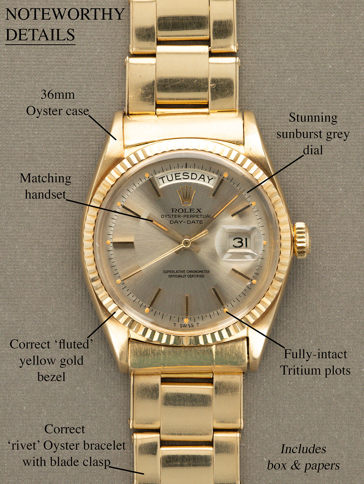 Rolex Day-Date Ref. 1803 - Sunburst Grey Dial w/ Box & Papers