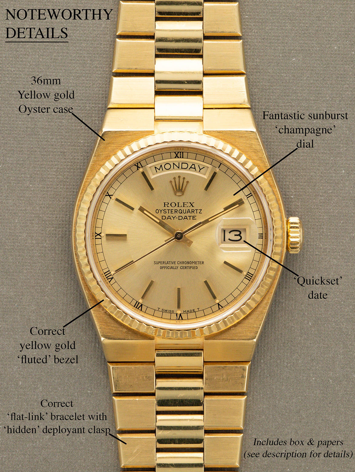 Rolex Oysterquartz Day-Date Ref. 19018 - Sunburst Champagne Dial W/ Box & Papers