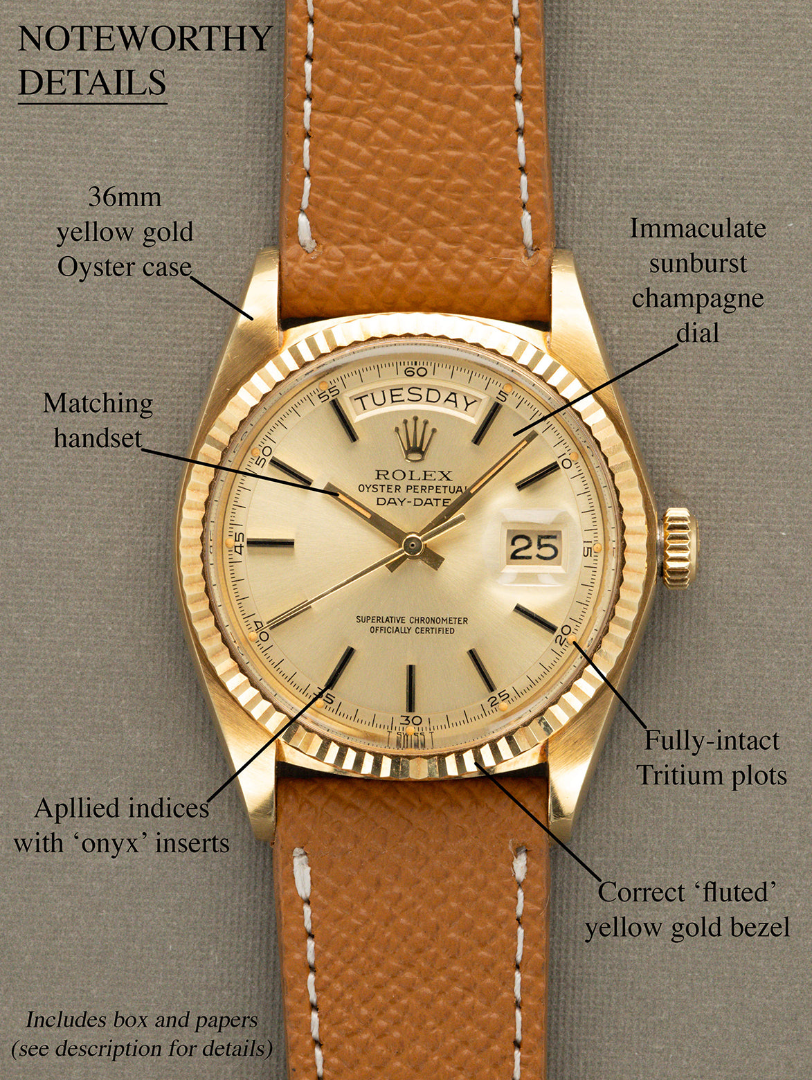 Rolex Day-Date Ref. 1803 - Sunburst Champagne Dial w/ Box & Papers Unpolished