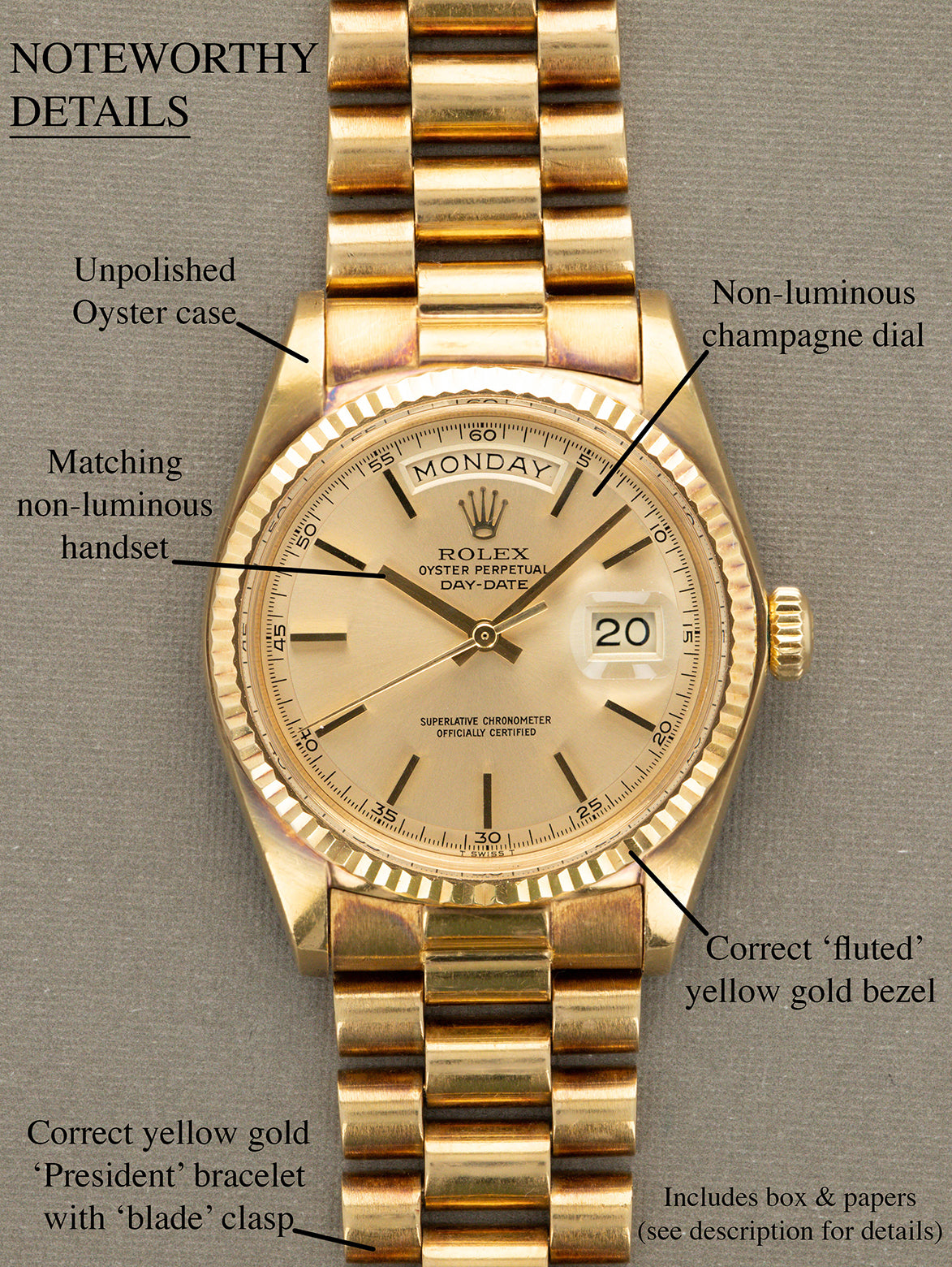 Rolex Day-Date Ref. 1803 - Non-Luminous Sunburst Champagne Dial w/ Box Papers Unpolished