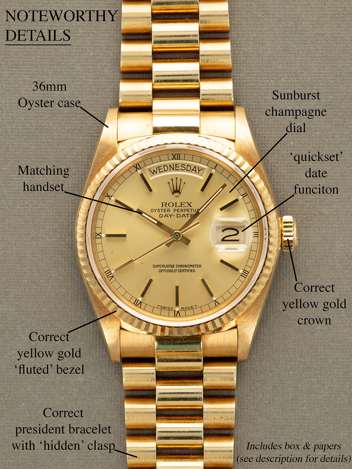 Rolex Day-Date Ref. 18038 - Sunburst Champagne Dial 'Texas Timex' W/ Box & Papers