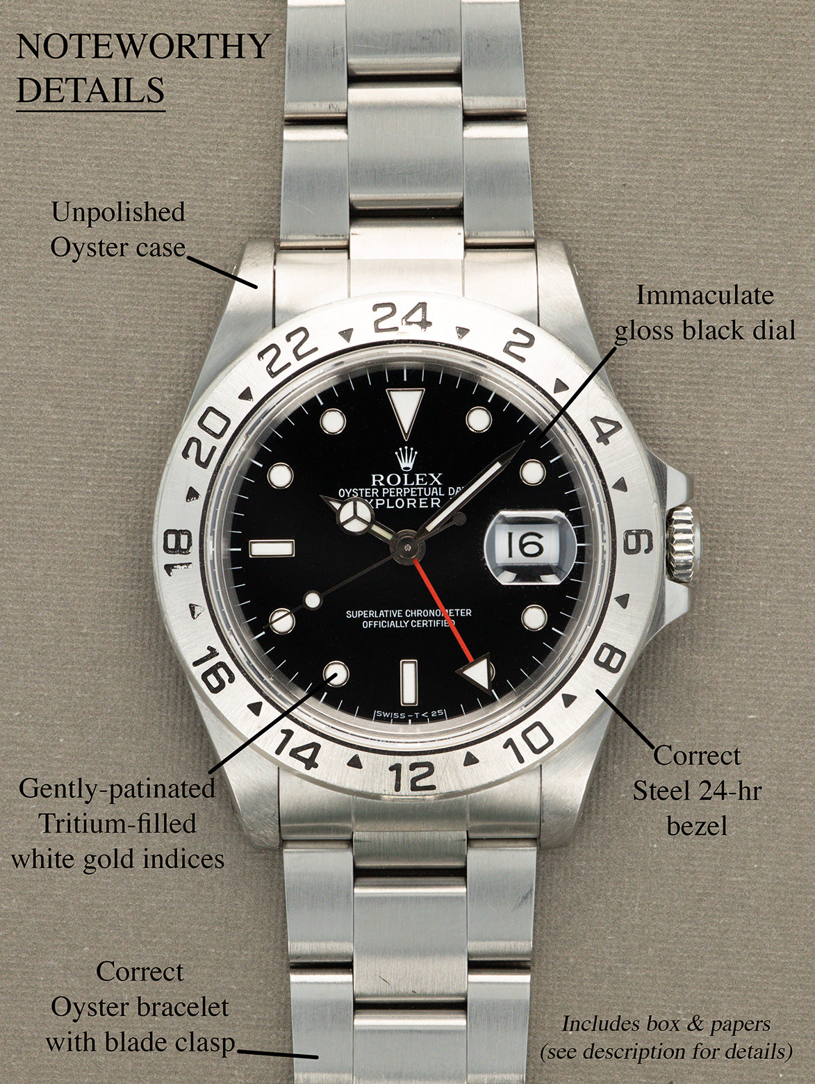 Rolex Explorer II Ref. 16570 - Gloss Black Dial w/ Box & Papers Unpolished