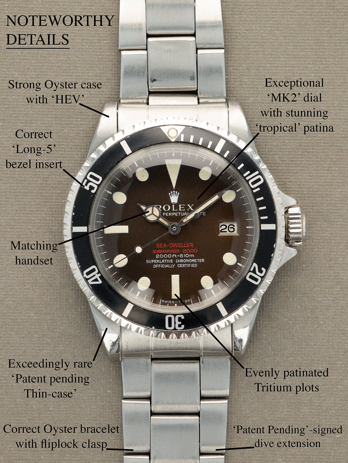 Rolex Sea-Dweller Ref. 1665 'Double Red' - Patent Pending 'Thin Case' With 'Tropical' Dial