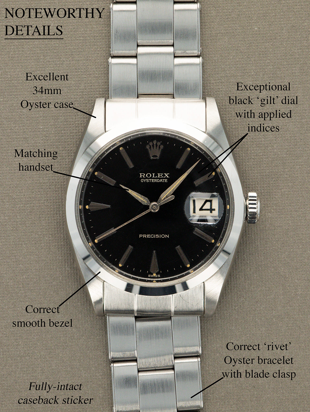 Rolex Oysterdate Precision Ref. 6694 - Black 'Gilt' Dial Unpolished w/ Caseback Sticker