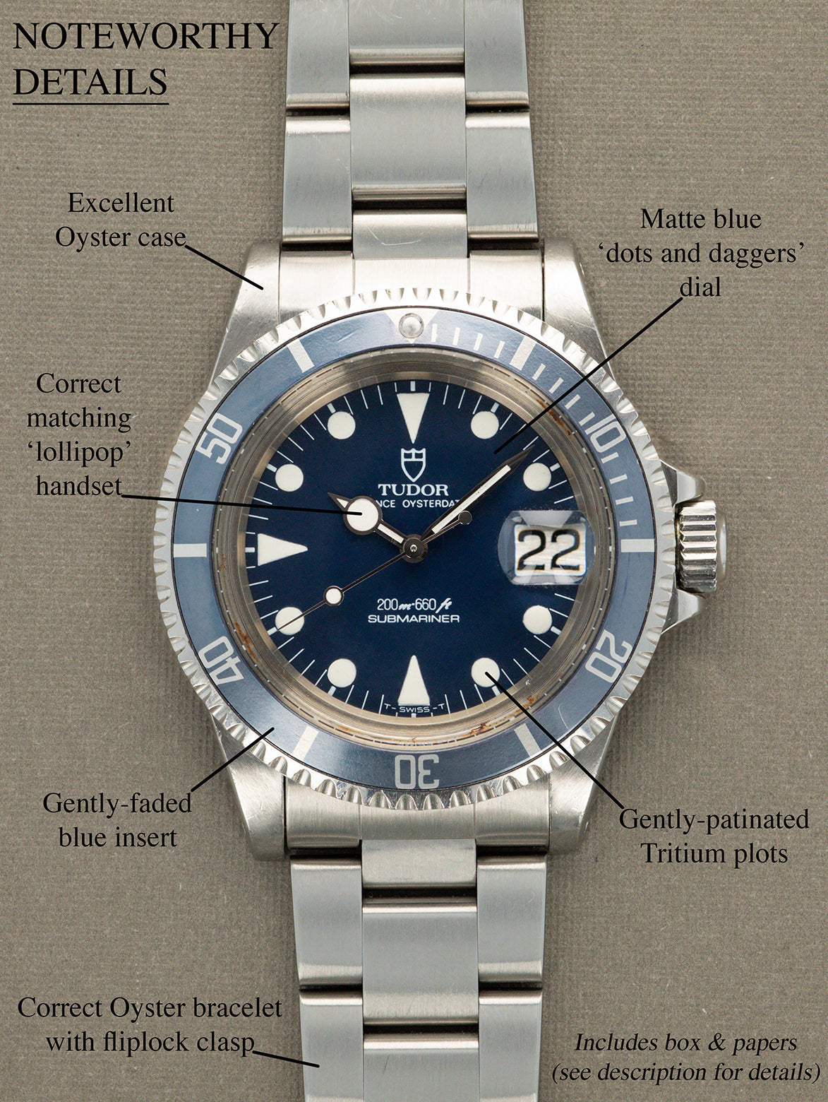 Tudor Submariner Date Ref. 76100 'Lollipop' - Blue Dial Unpolished W/ Box & Papers